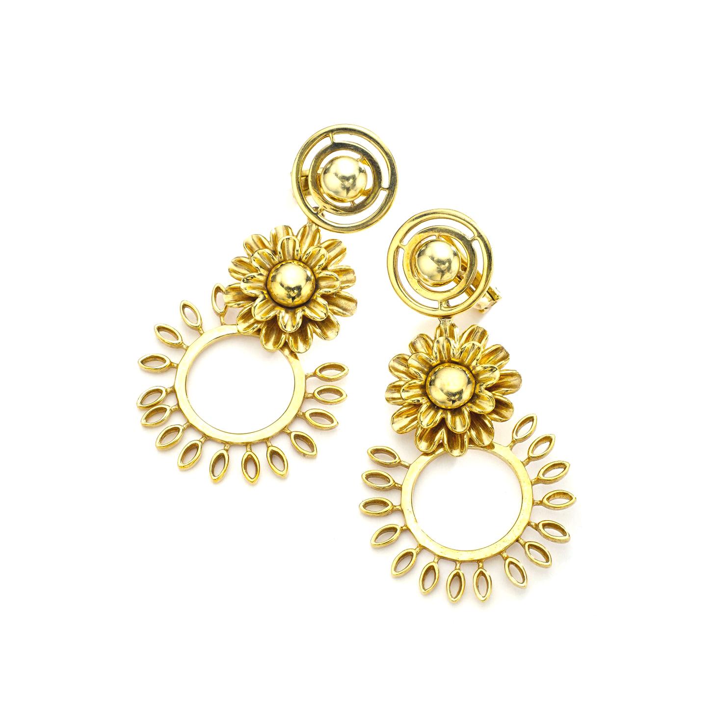 Art Nouveau Flower Yellow Gold Pendant Earrings For Sale