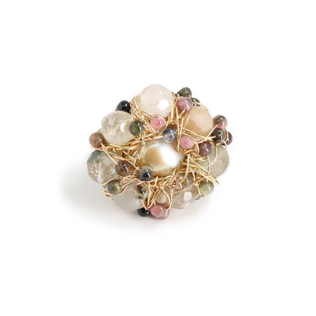 Contemporary Flowerbomb Pearl Quartz Tourmaline Cocktail jewel Statement Ring in 14 kt Gold For Sale