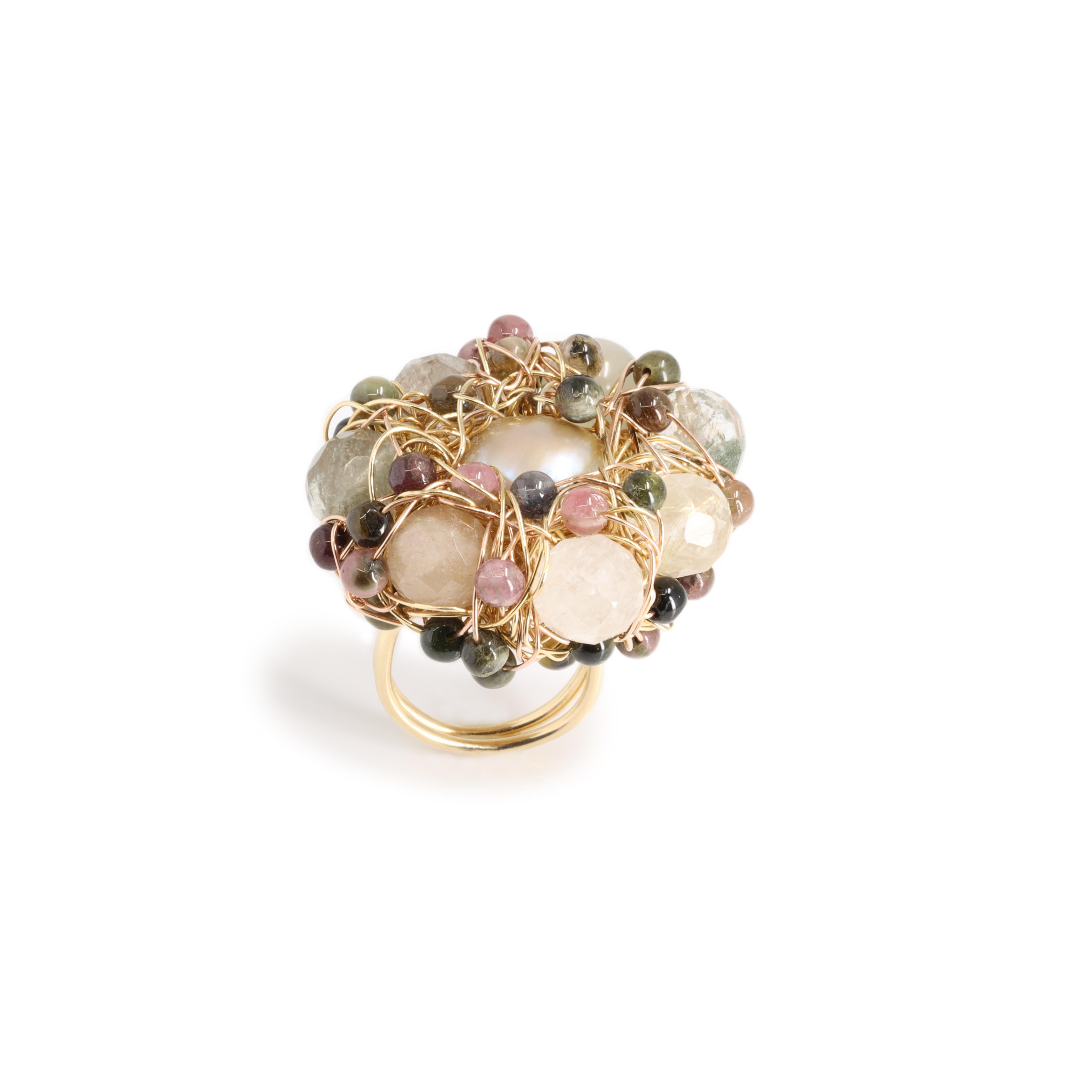 Flowerbomb Pearl Quartz Tourmaline Cocktail jewel Statement Ring in 14 kt Gold For Sale 3