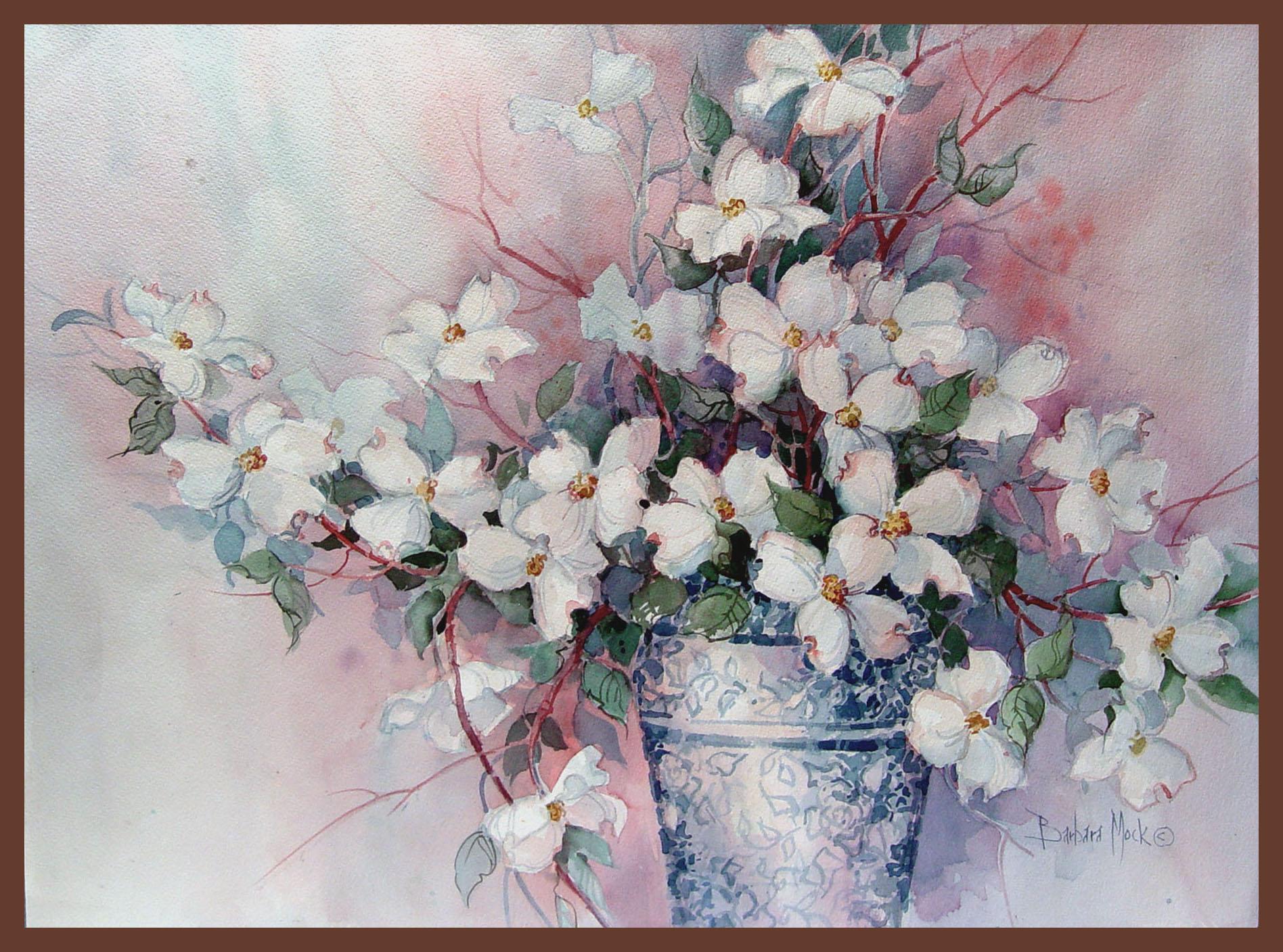 Country Flowering Dogwood Watercolor Painting by Barbara Mock For Sale
