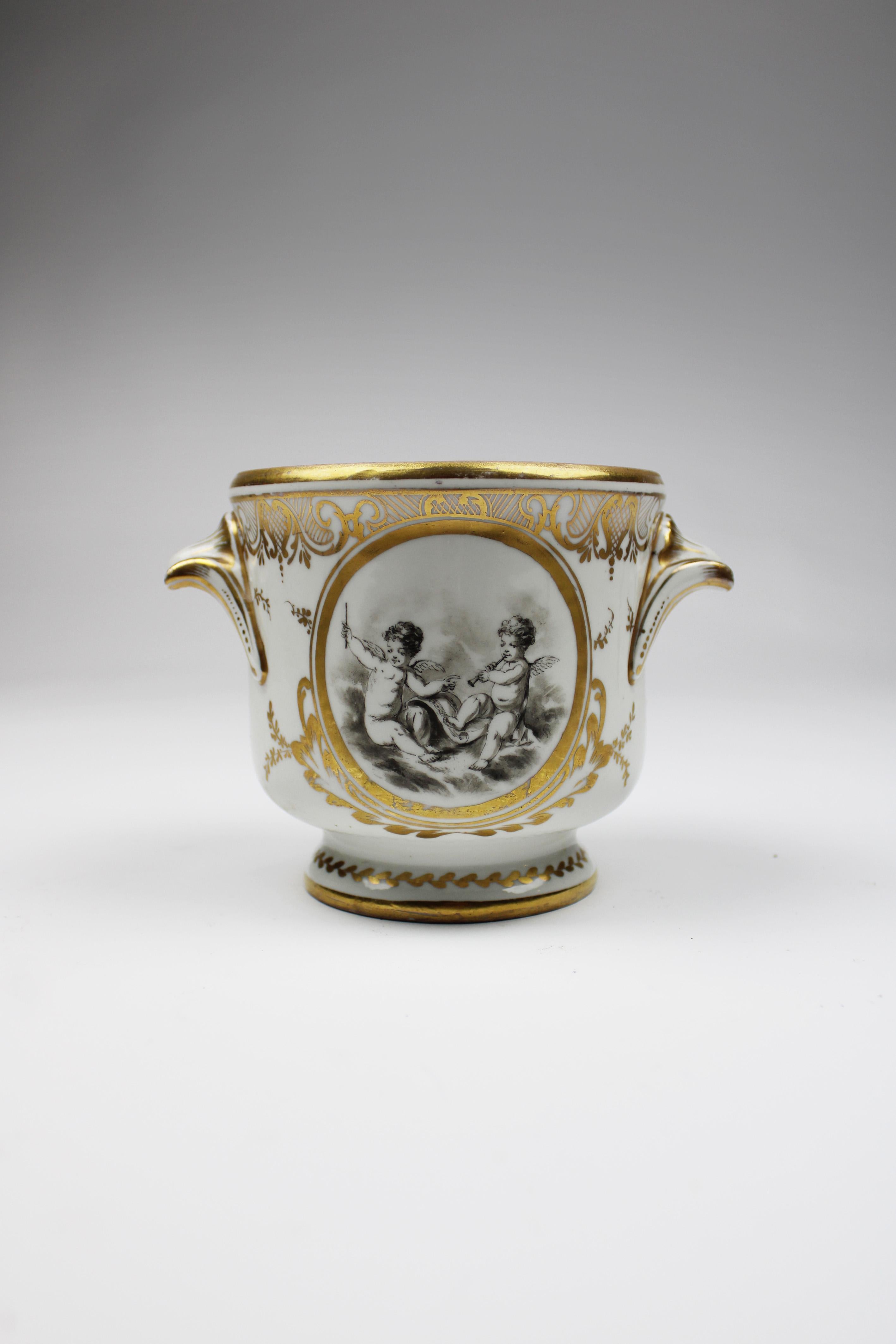 French Flowerpot in Porcelain de Paris 2 sided Grisaille Painting Guilded 1900 France For Sale