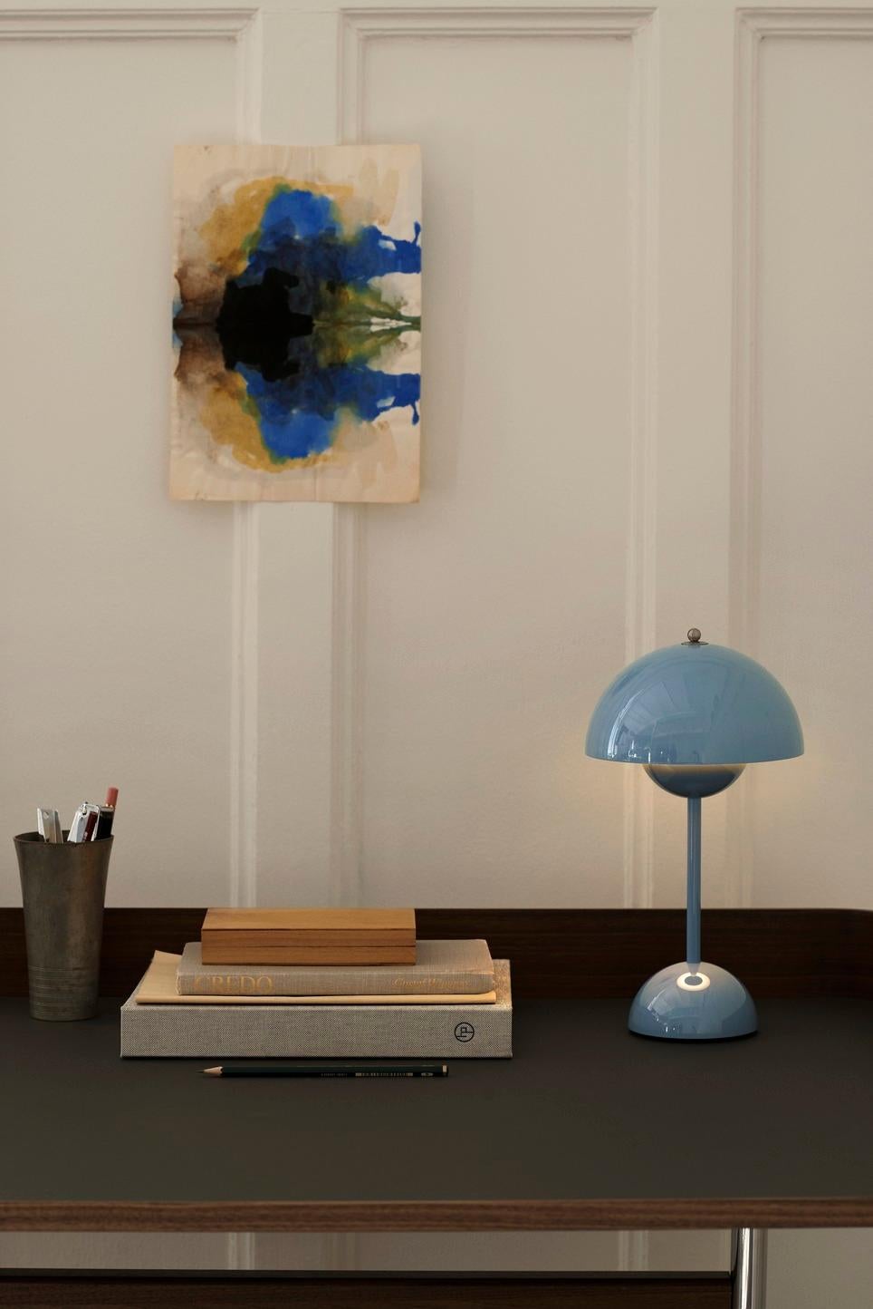 Scandinavian Modern Flowerpot Vp9 Portable Light Blue Table Lamp from Verner Panton