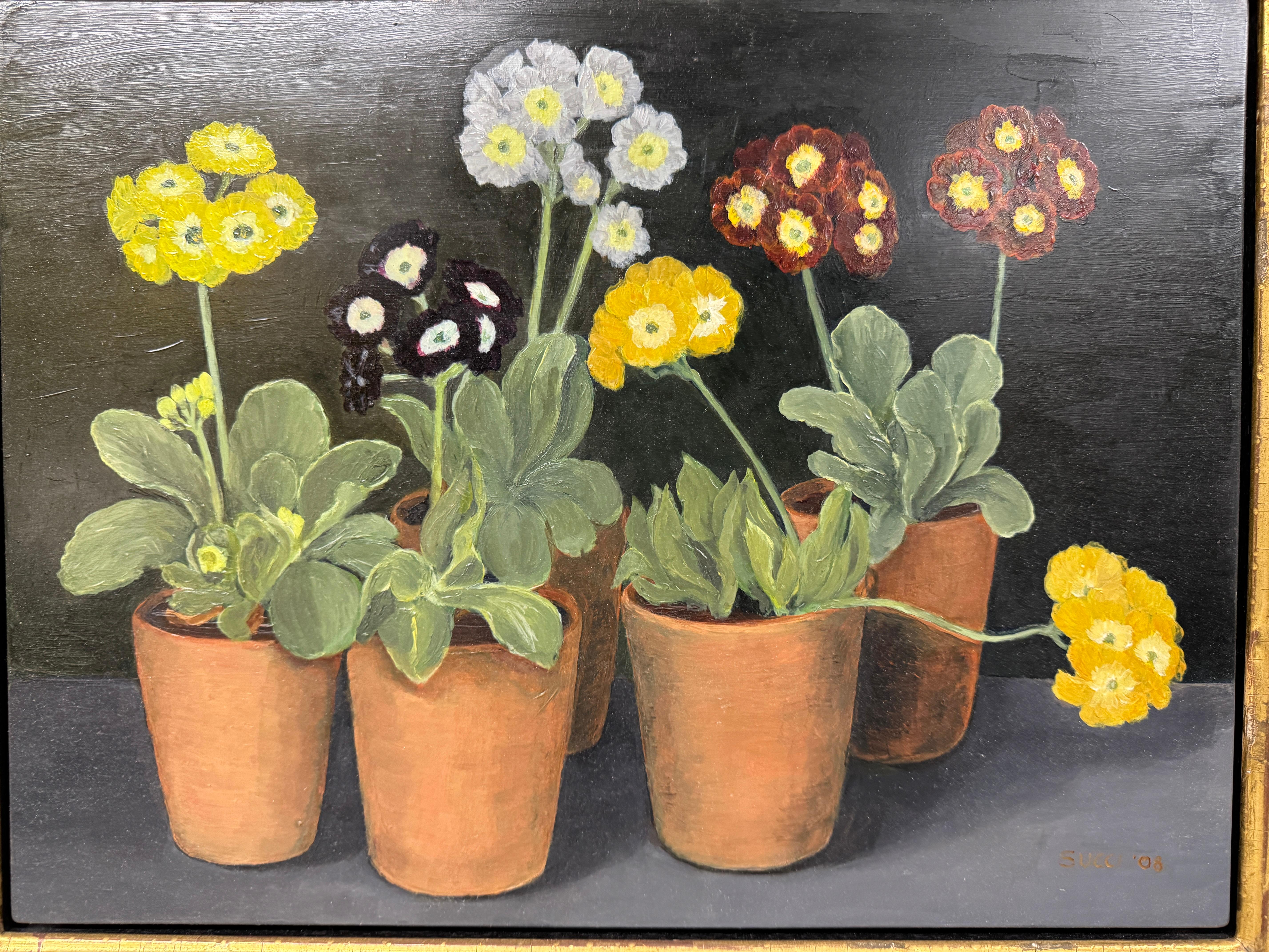 Annamaria Succi Edelstein (1935 -2024)
'Flowerpots'                          
Signed and dated bottom right -  Succi '08
oil on panel
Frame size 55cm x 45cm x 4.5 cm, no glass