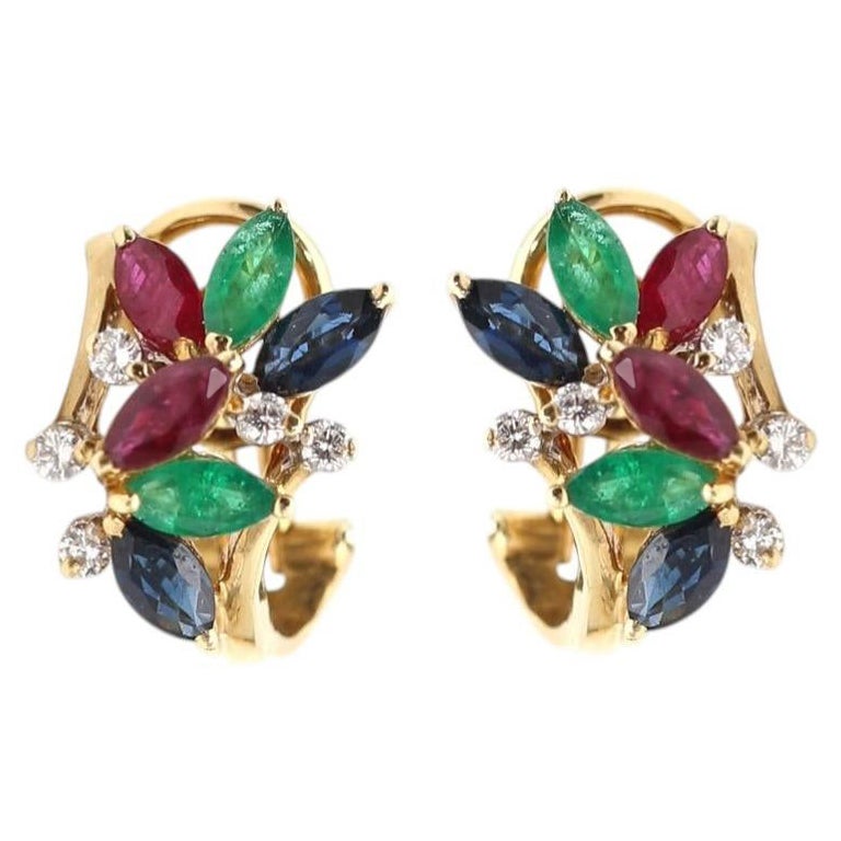Flowers 18K Gold Earrings Diamonds Emeralds Sapphires Natural Motive, 2000