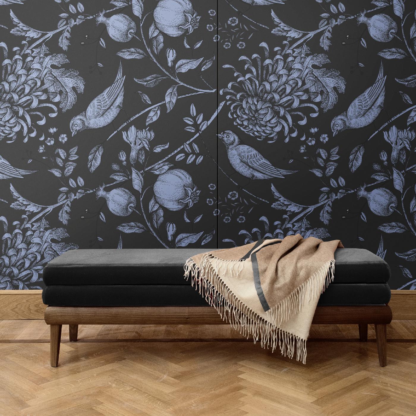 This superb wall covering will adorn a bedroom, a powder room, or entryway with a unique combination of luxury and dynamism. It is part of the Flowers and Birds collection and boasts a black background on which delicate dahlias, fruits, and birds