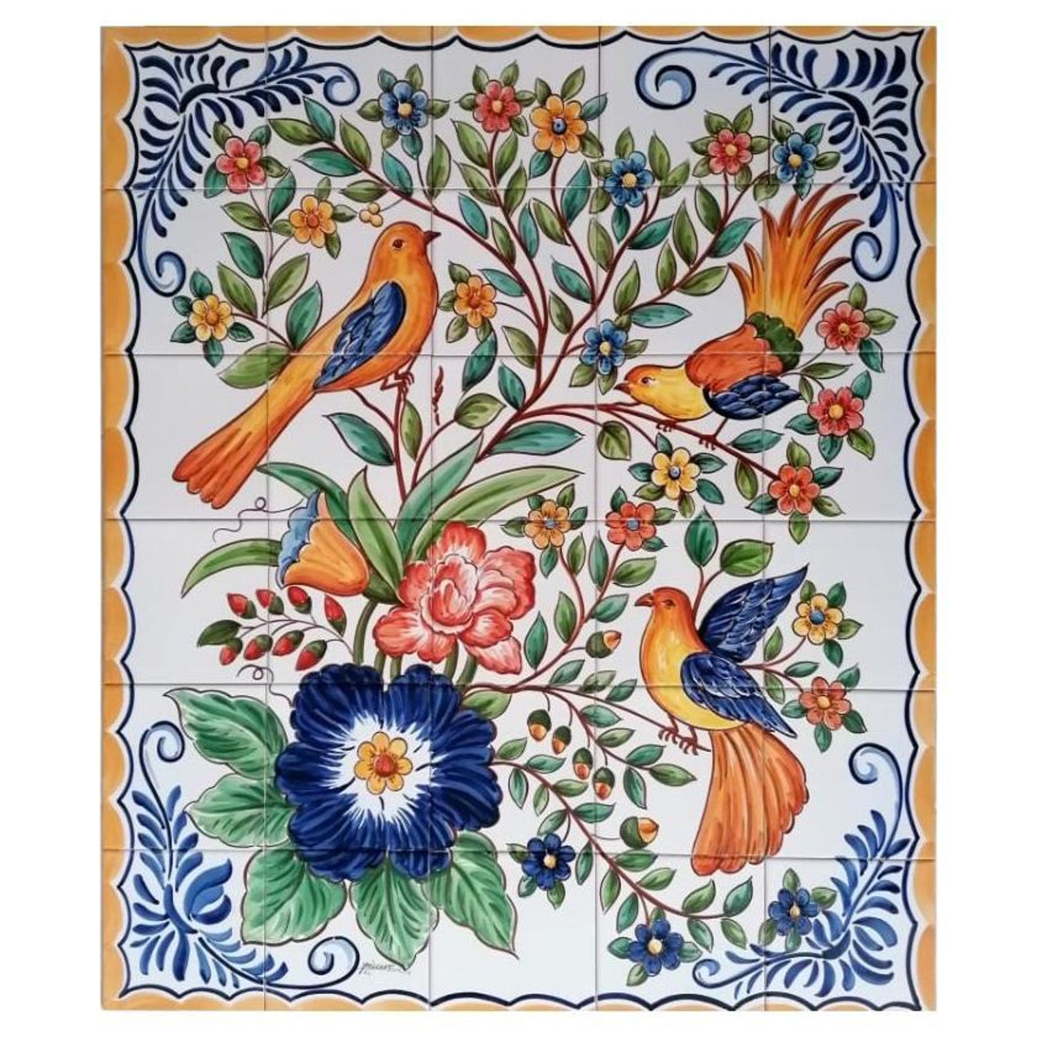 Flowers and Birds Hand Painted Tile Mural, Kitchen Wall Tiles, Portuguese  Tiles For Sale at 1stDibs