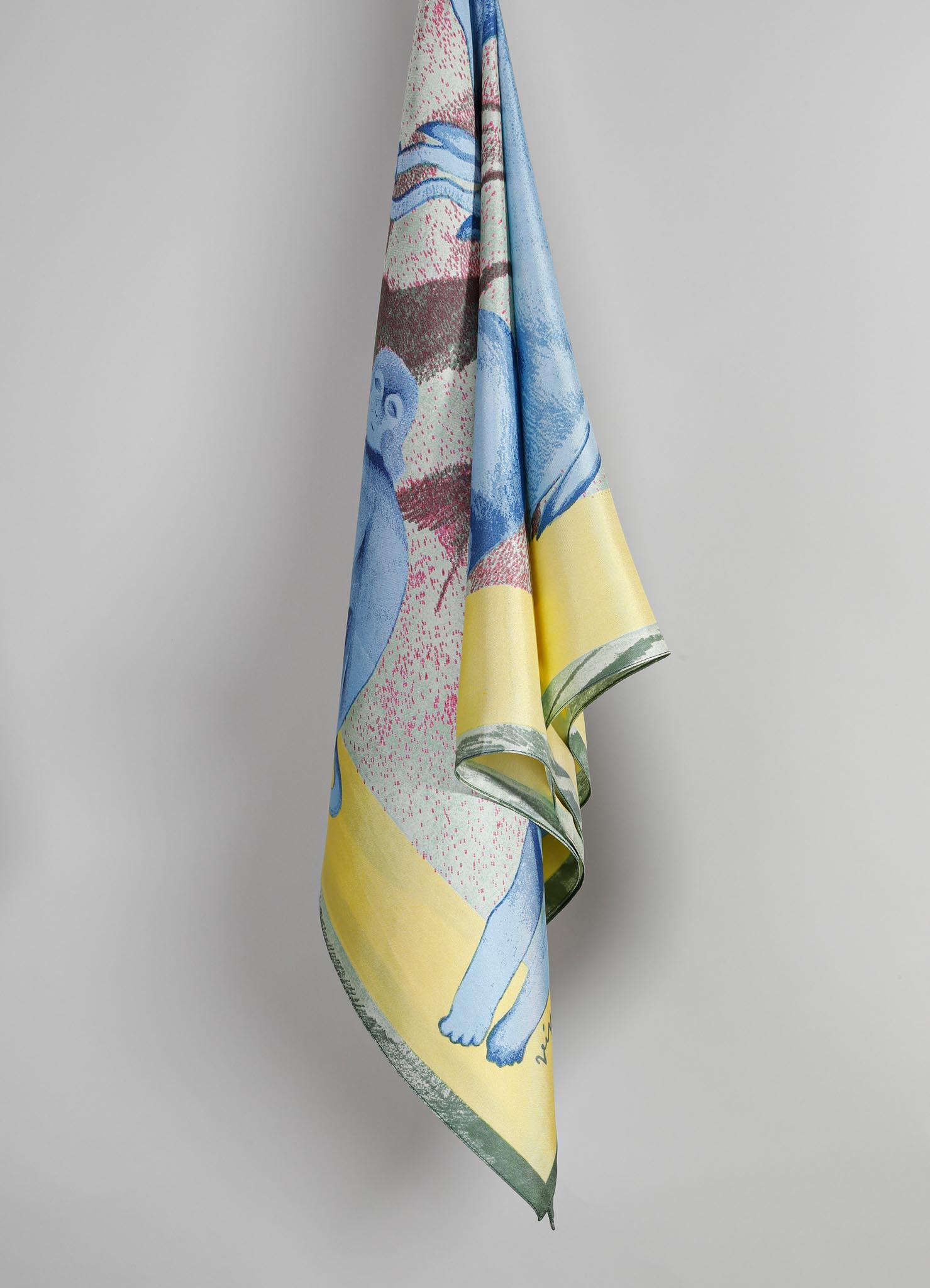 Indian Flowers And Objects Blue Silk Scarf, Viya By Vikram Goyal For Sale