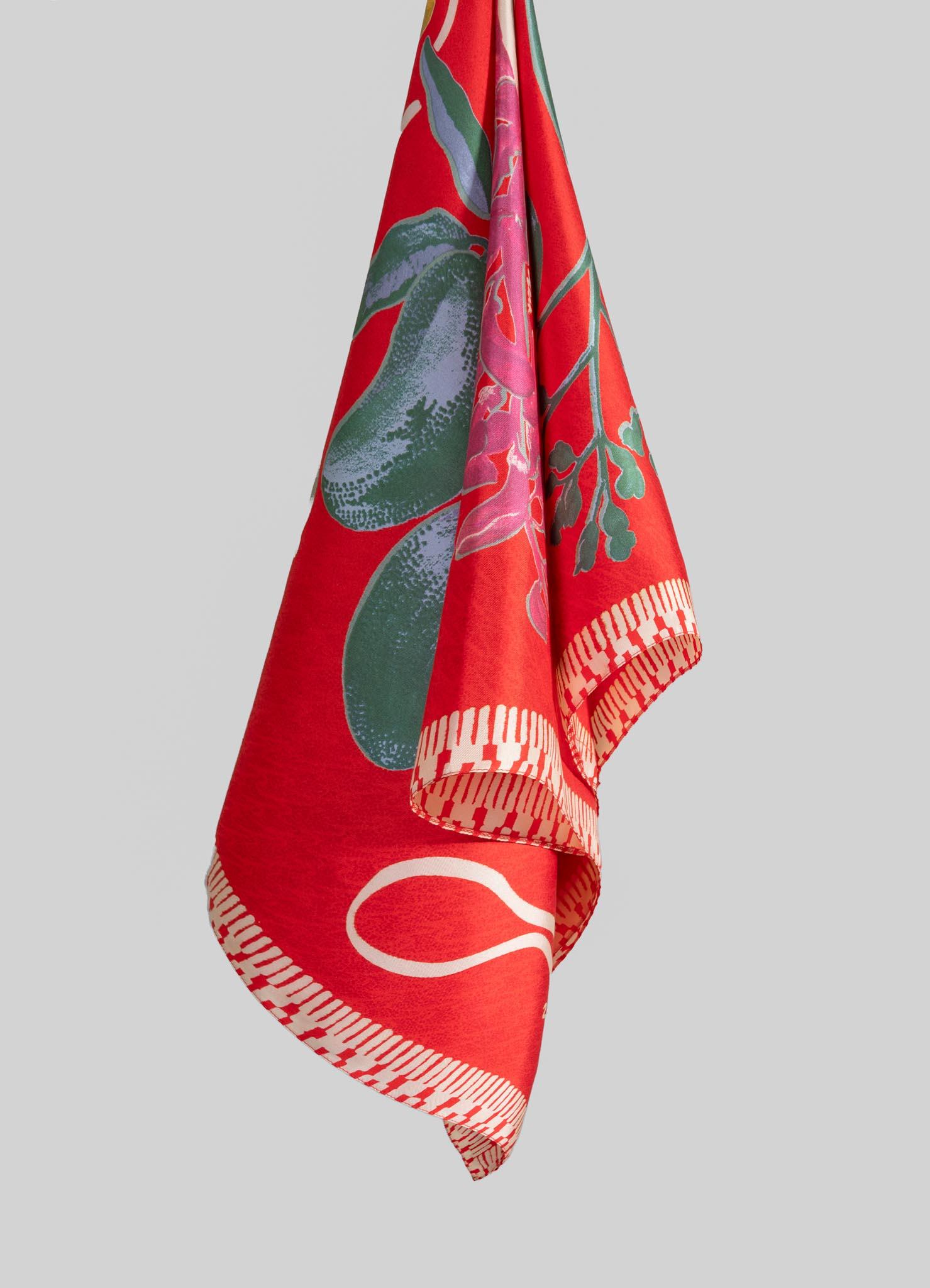 Indian Flowers And Objects Blue Silk Scarf, Viya By Vikram Goyal For Sale