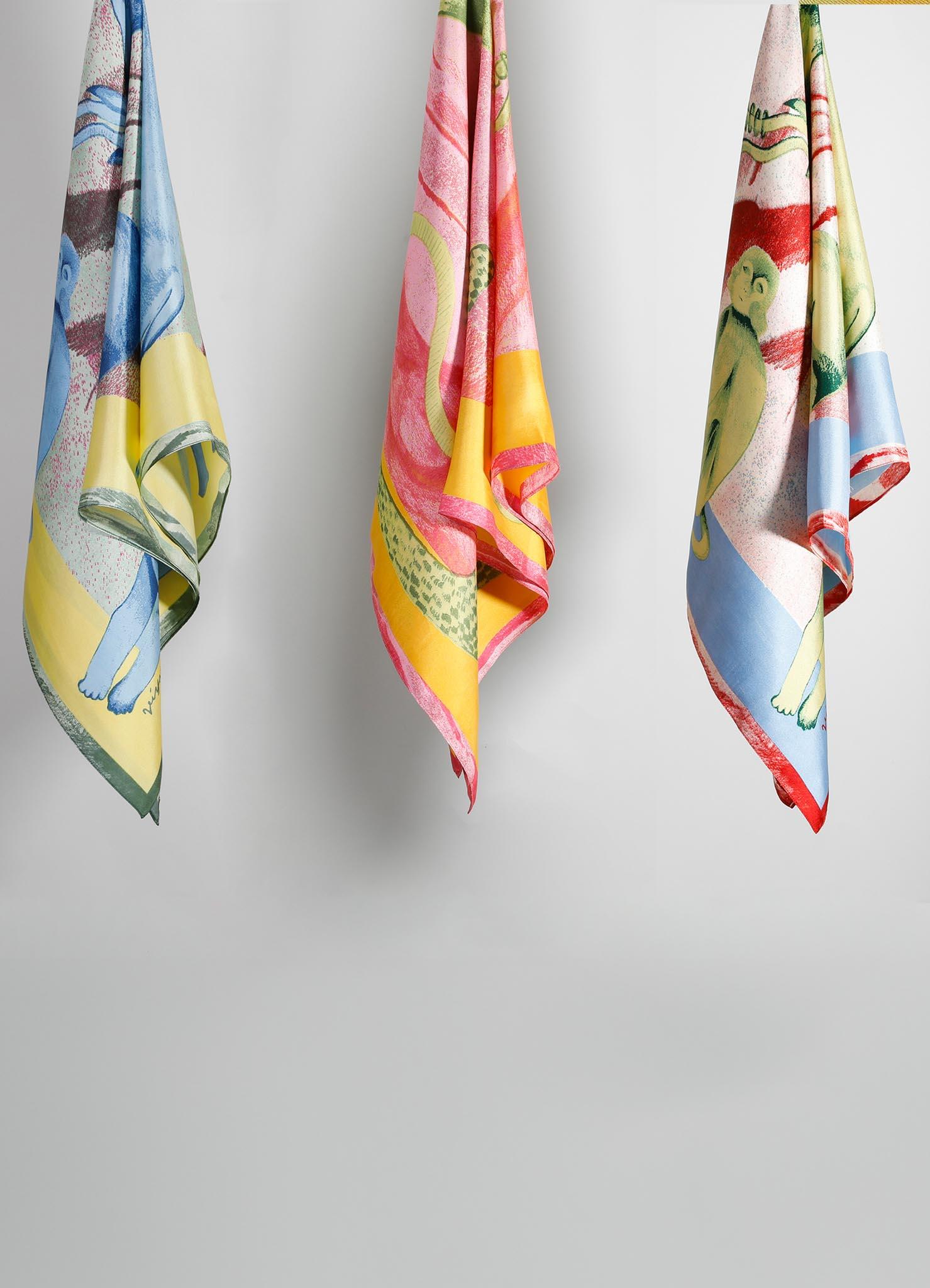 Flowers And Objects Blue Silk Scarf, Viya By Vikram Goyal For Sale 2