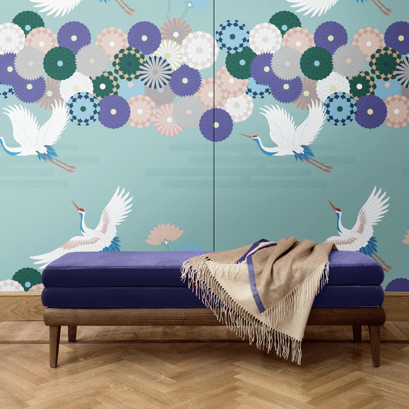 This elegant wall covering is part of the Flowers and Storks collection, inspired by the sophistication of traditional Japanese art. Elegant storks fly surrounded by stylized flowers in different shades. This cotton and silk decoration is available