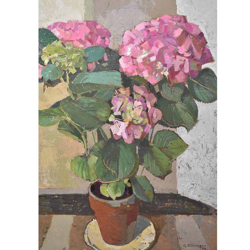 The antique paintings Still Life with Hydrangea Flowers proposed here is an oil painting on canvas of the
1970s Del Novecento and dresses with a beautiful gilt frame coeval to the painting. 

This is a beautiful bouquet of pink Hydrangea flowers in