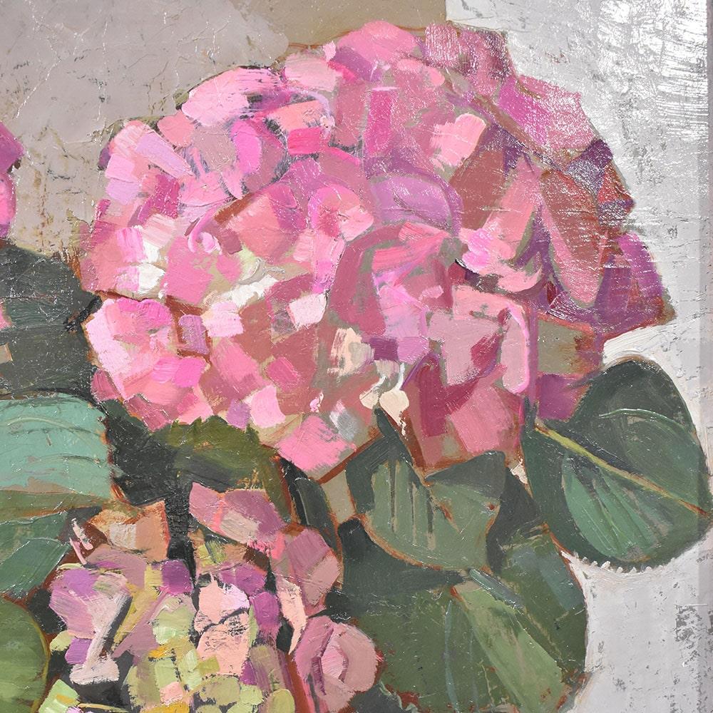 Oiled Flowers artwork, Still Life Of Hydrangea, Painting On Canvas, Twentieth Century. For Sale