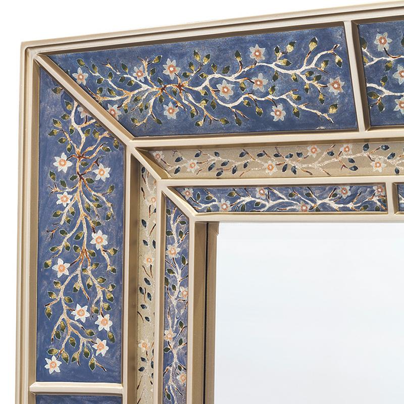 Italian Flowers Blue Mirror in Hand Painted Glass