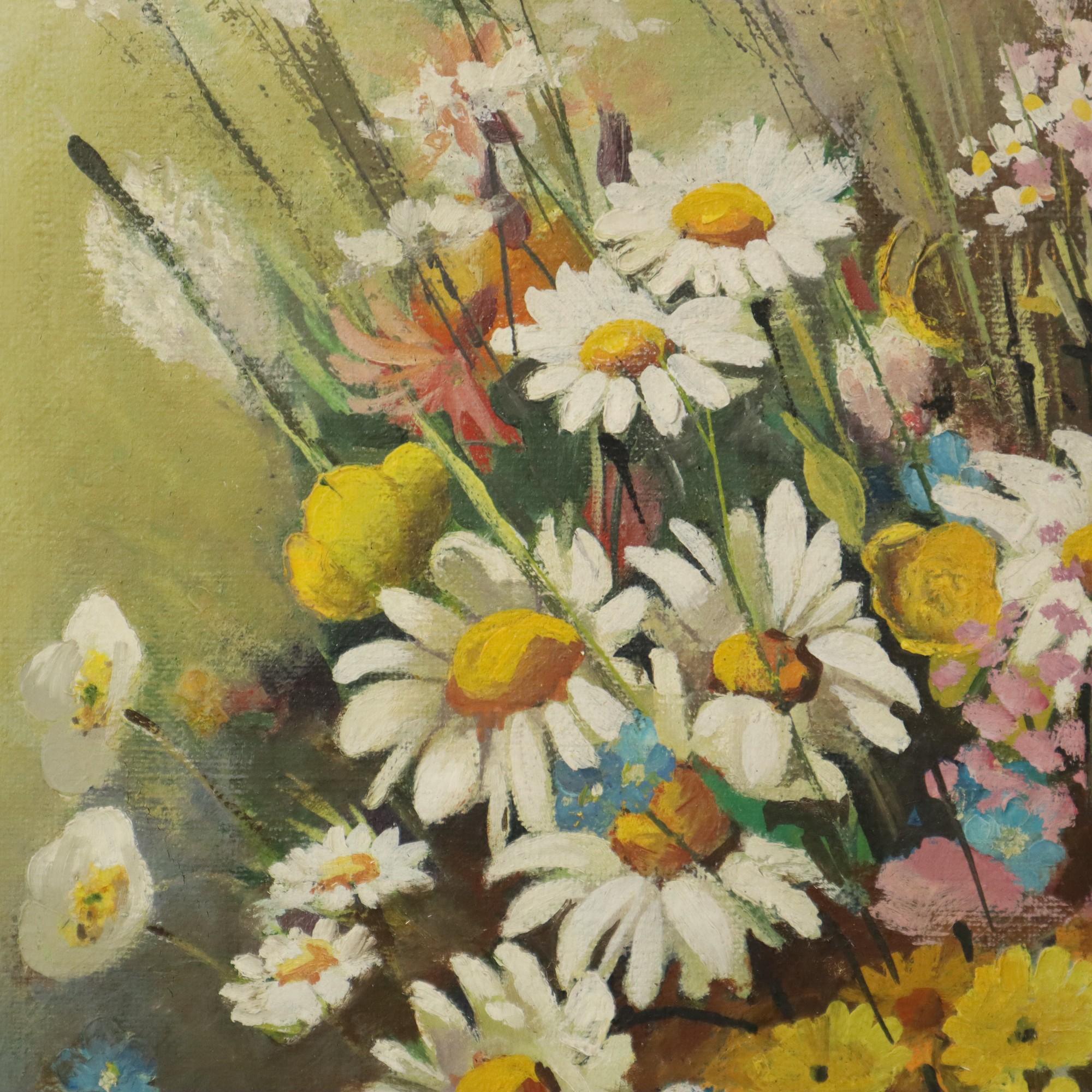 Flowers Bouquet Still Life Painting Oil on Canvas Framed Signed For Sale 3