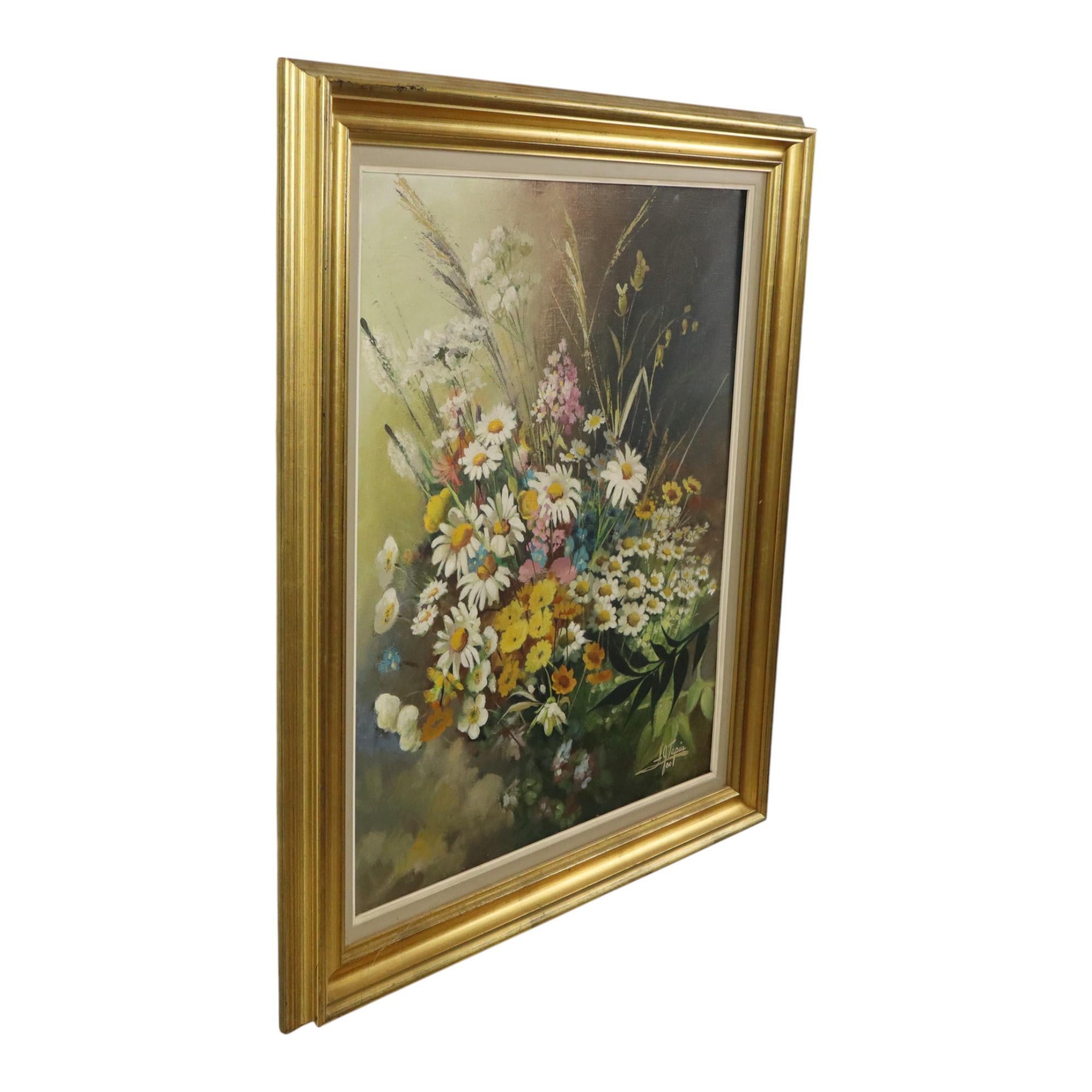 Flowers Bouquet Still Life Painting Oil on Canvas Framed Signed For Sale 4