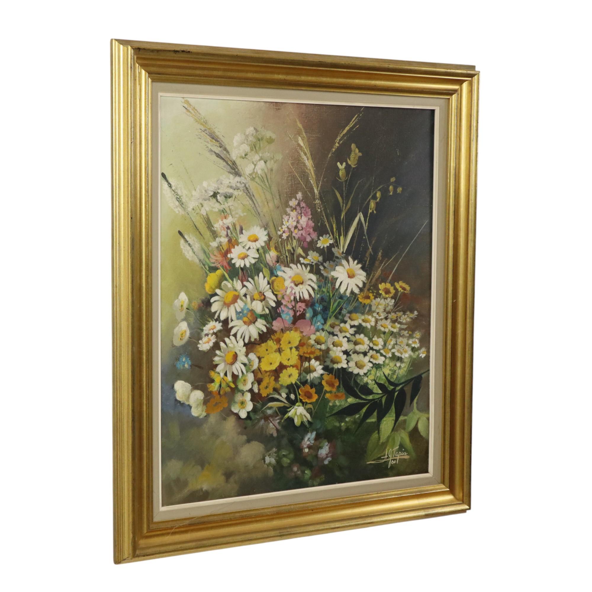 Vintage painting, still life of a bouquet of flowers, probably oil on canvas, framed in a gold-colored pine frame, signed and dated lower right, 1980.

Nice and colorful painting, hand-painted by the better amateur, beautiful composition and