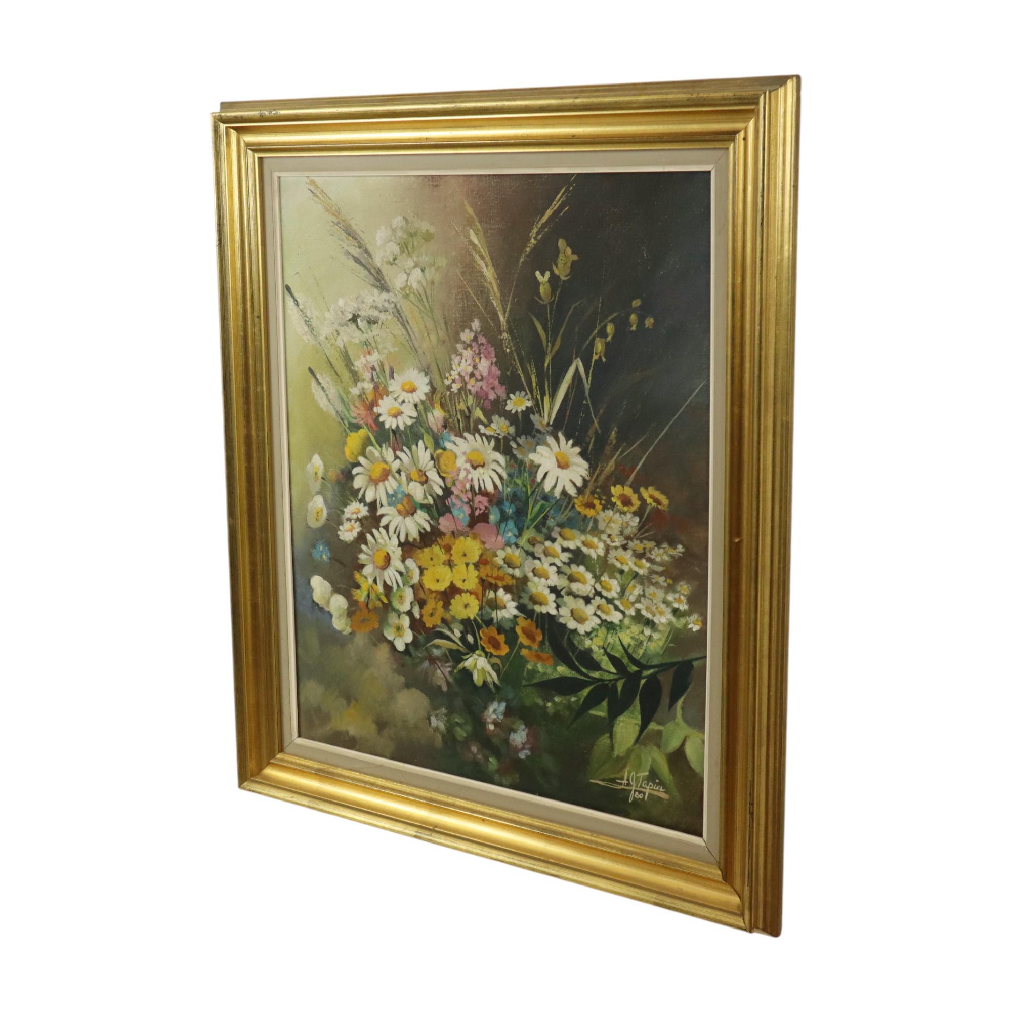 Art Nouveau Flowers Bouquet Still Life Painting Oil on Canvas Framed Signed For Sale
