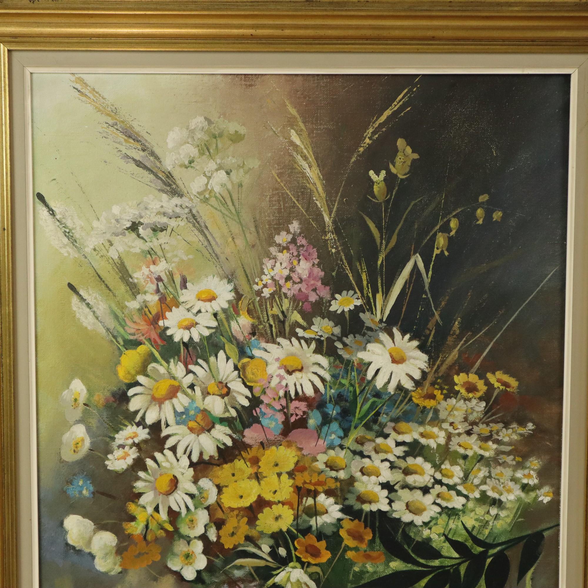 Hand-Painted Flowers Bouquet Still Life Painting Oil on Canvas Framed Signed For Sale