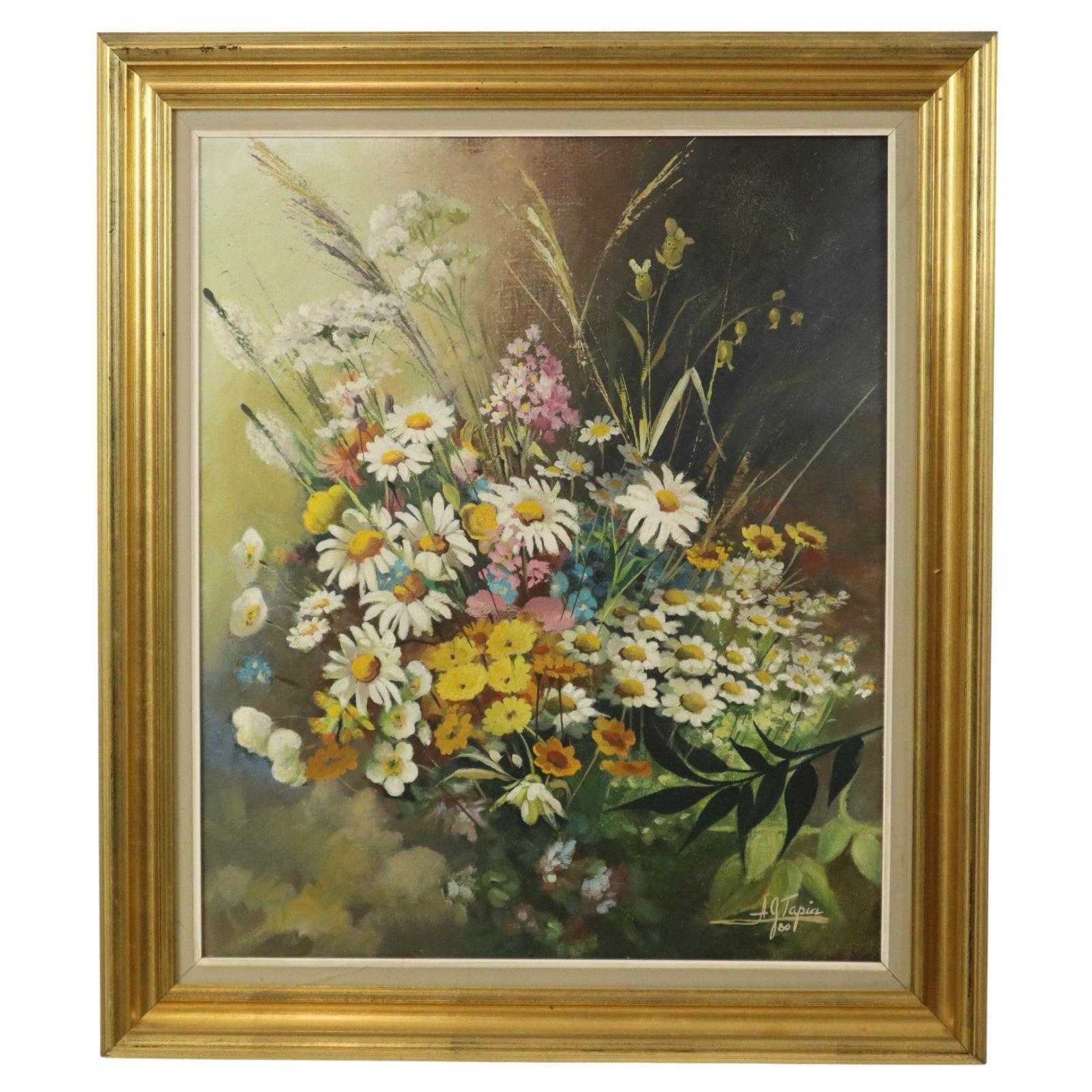 Flowers Bouquet Still Life Painting Oil on Canvas Framed Signed