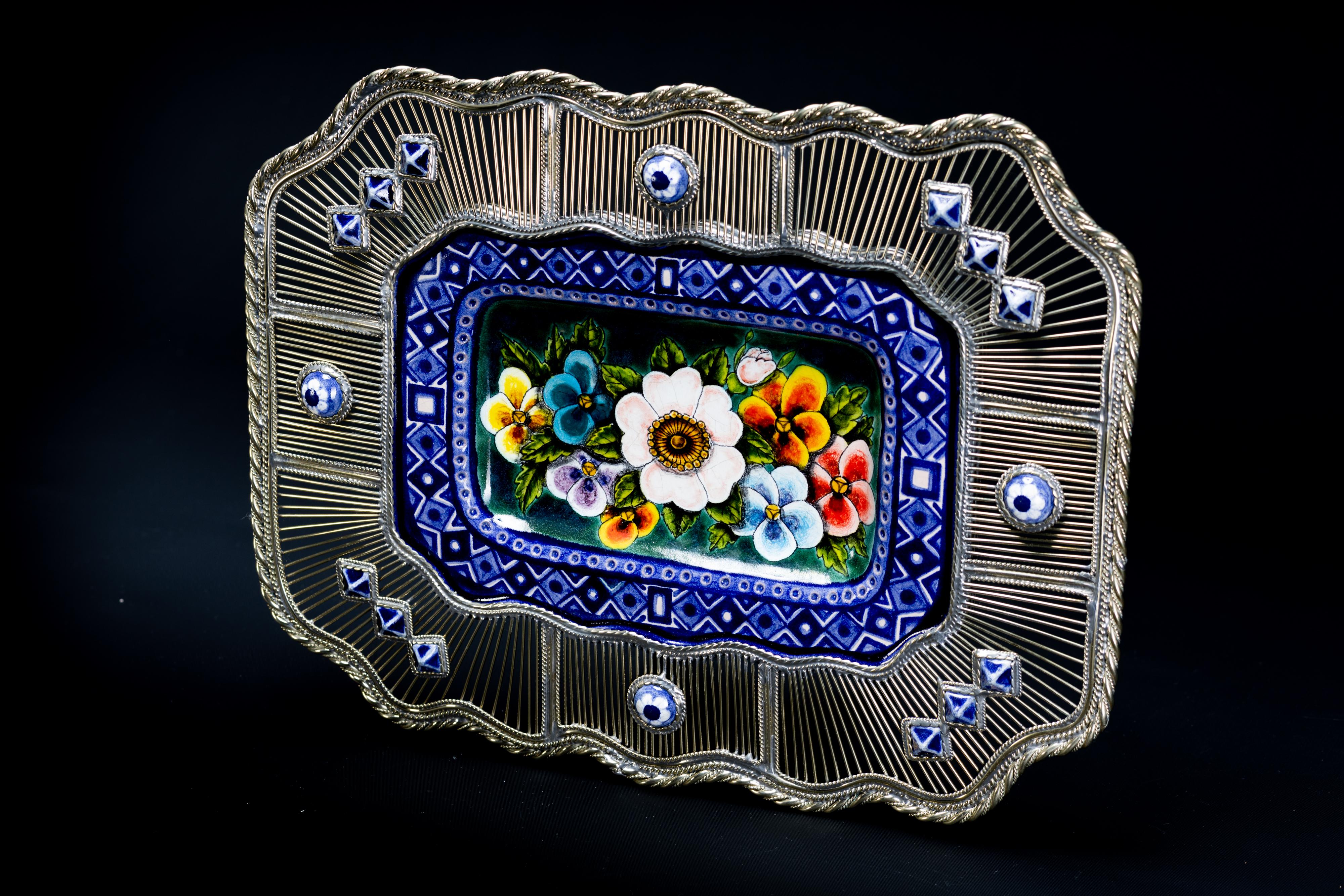 Mexican Flowers Ceramic and White Metal Tray