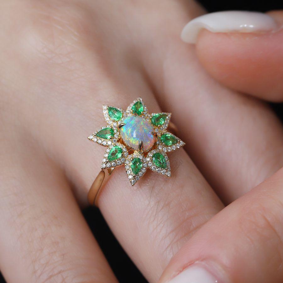Arts and Crafts Flowers Design Semi-Black Opal Diamond Tsavorite Engagement Ring 18K Yellow Gold For Sale