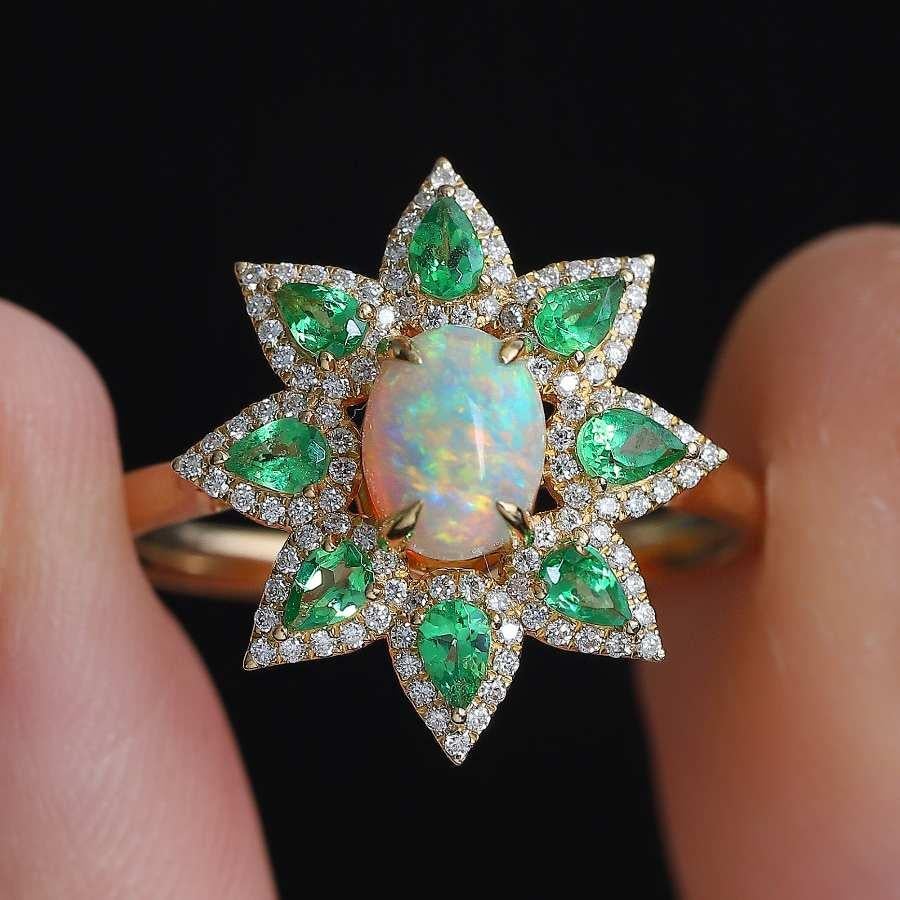 Brilliant Cut Flowers Design Semi-Black Opal Diamond Tsavorite Engagement Ring 18K Yellow Gold