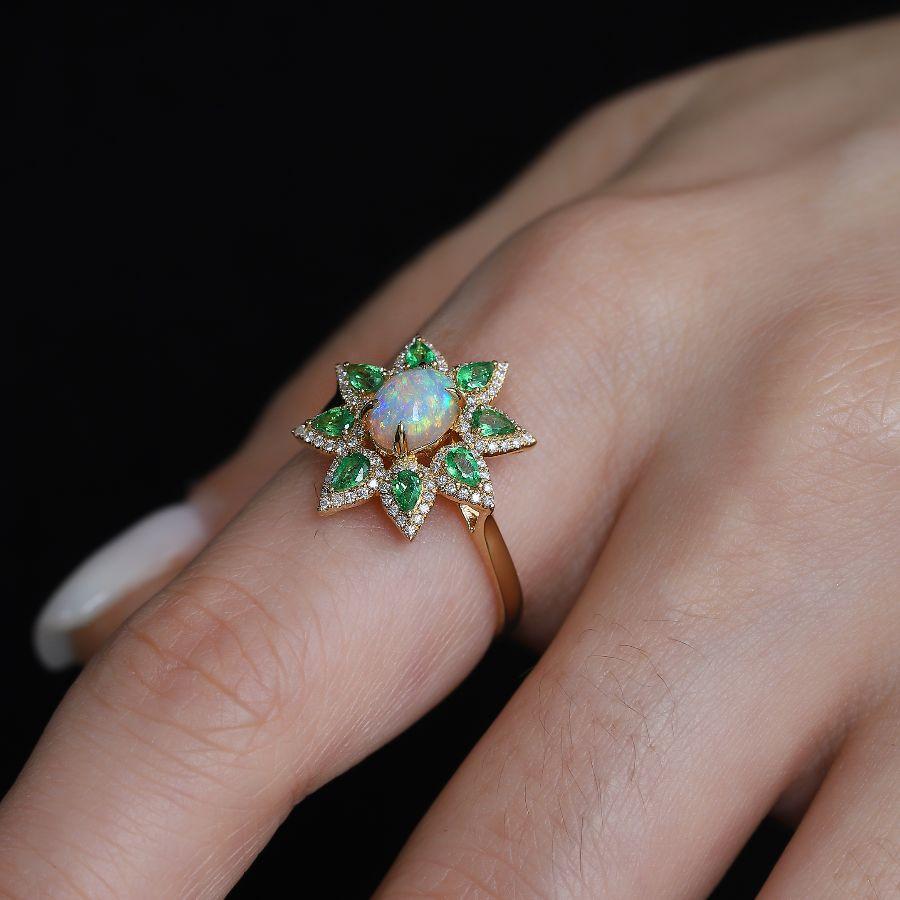 Flowers Design Semi-Black Opal Diamond Tsavorite Engagement Ring 18K Yellow Gold In New Condition In Suwanee, GA