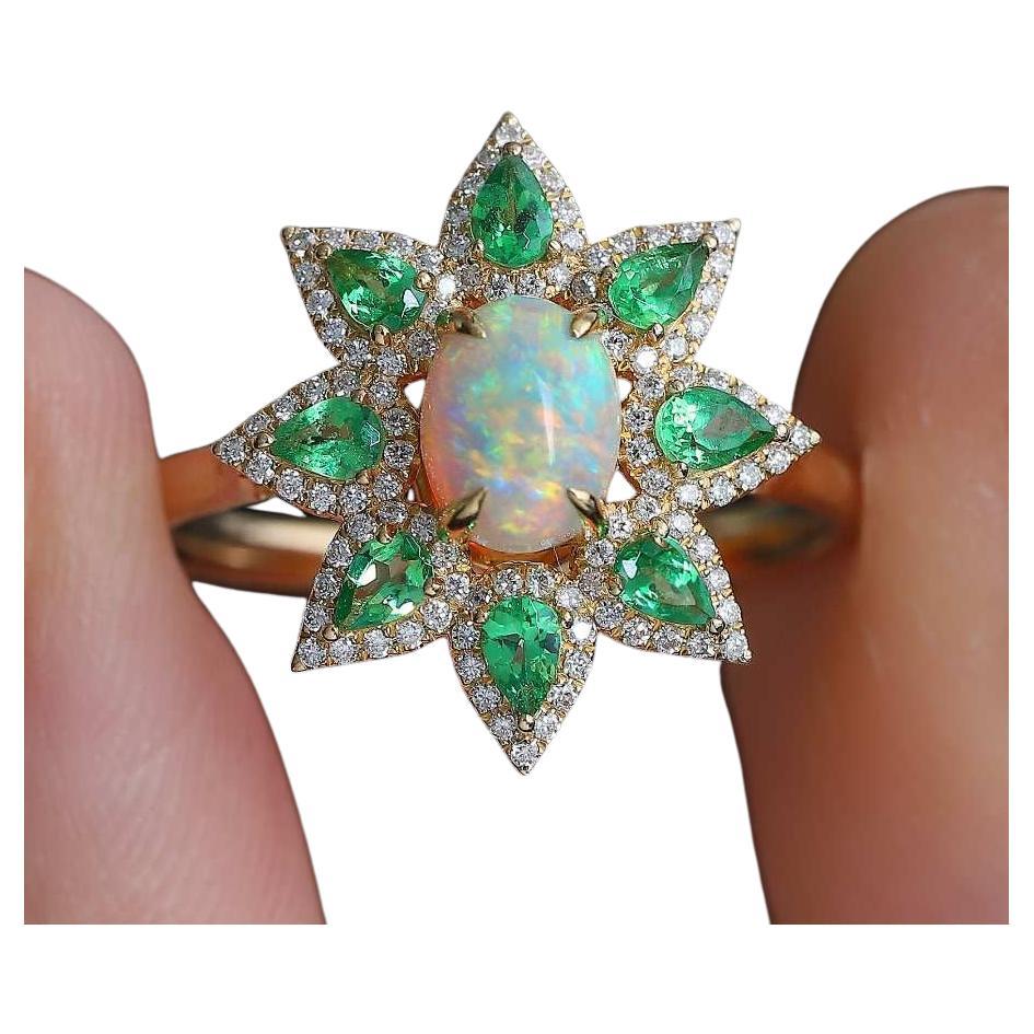 Flowers Design Semi-Black Opal Diamond Tsavorite Engagement Ring 18K Yellow Gold For Sale