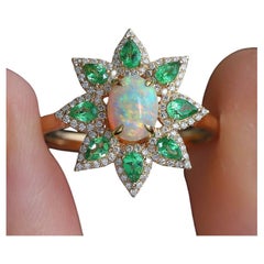 Flowers Design Semi-Black Opal Diamond Tsavorite Engagement Ring 18K Yellow Gold