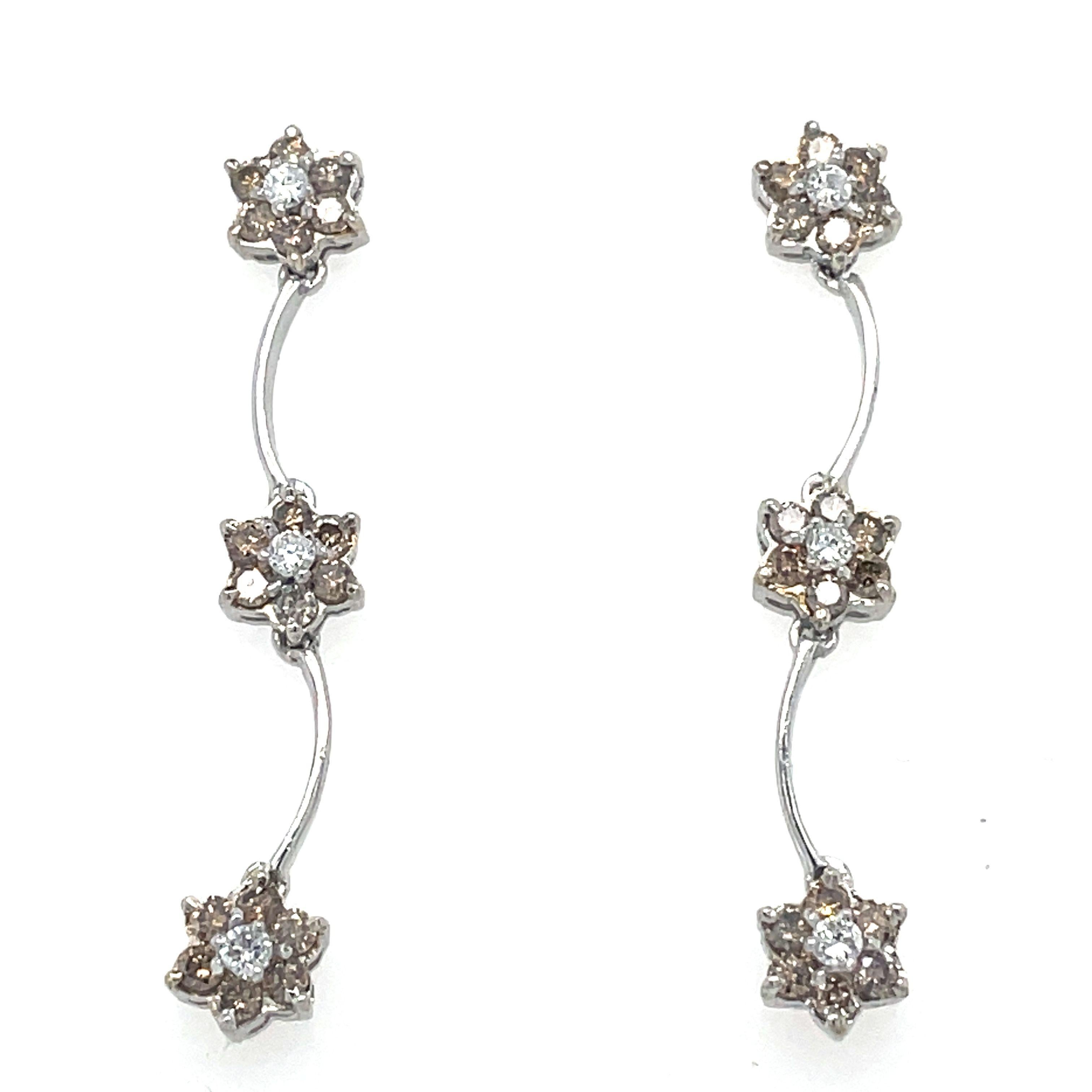 Flowers Diamond Earrings, 1.26ct Champaign and White Diamonds, 18k White Gold For Sale 5