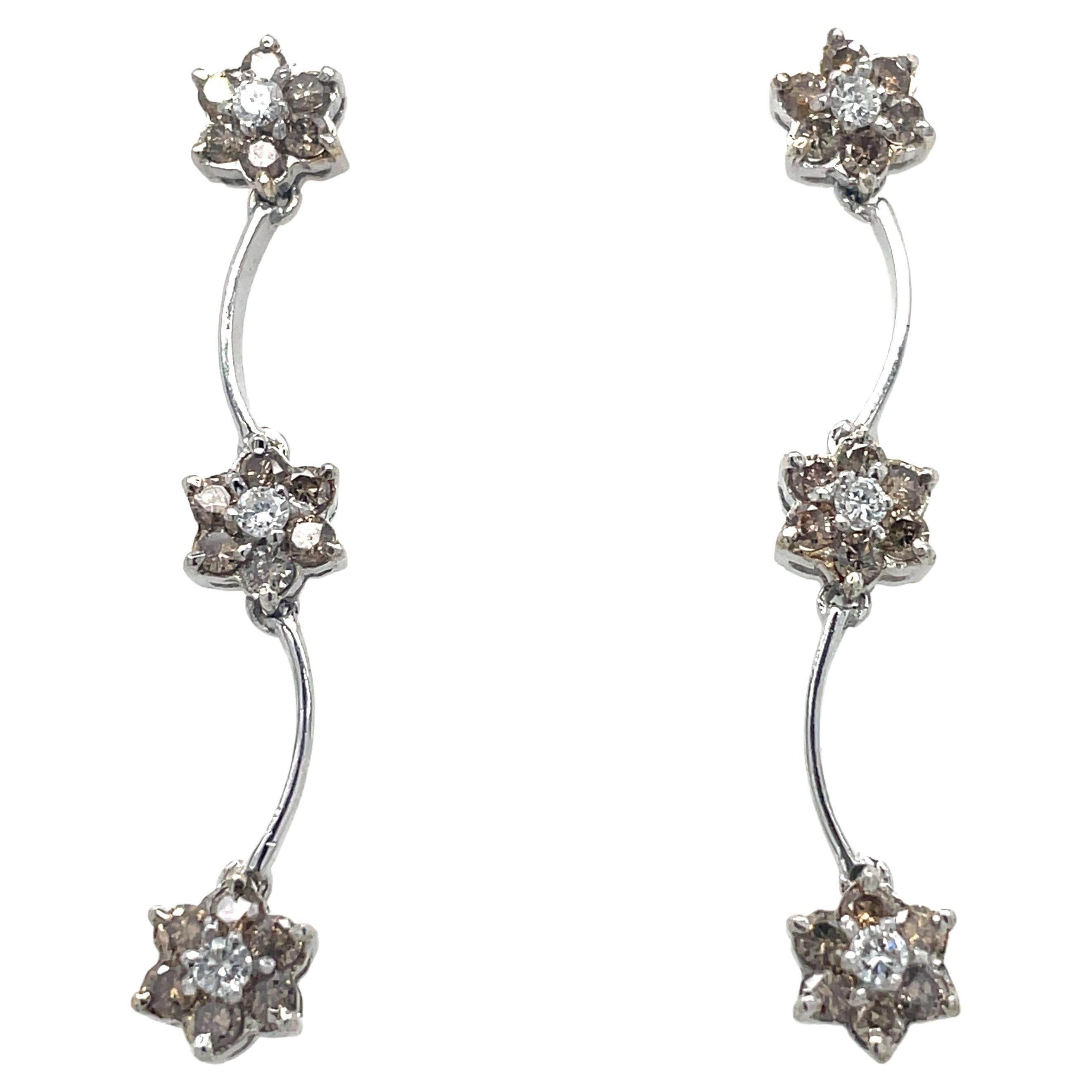 Flowers Diamond Earrings, 1.26ct Champaign and White Diamonds, 18k White Gold For Sale