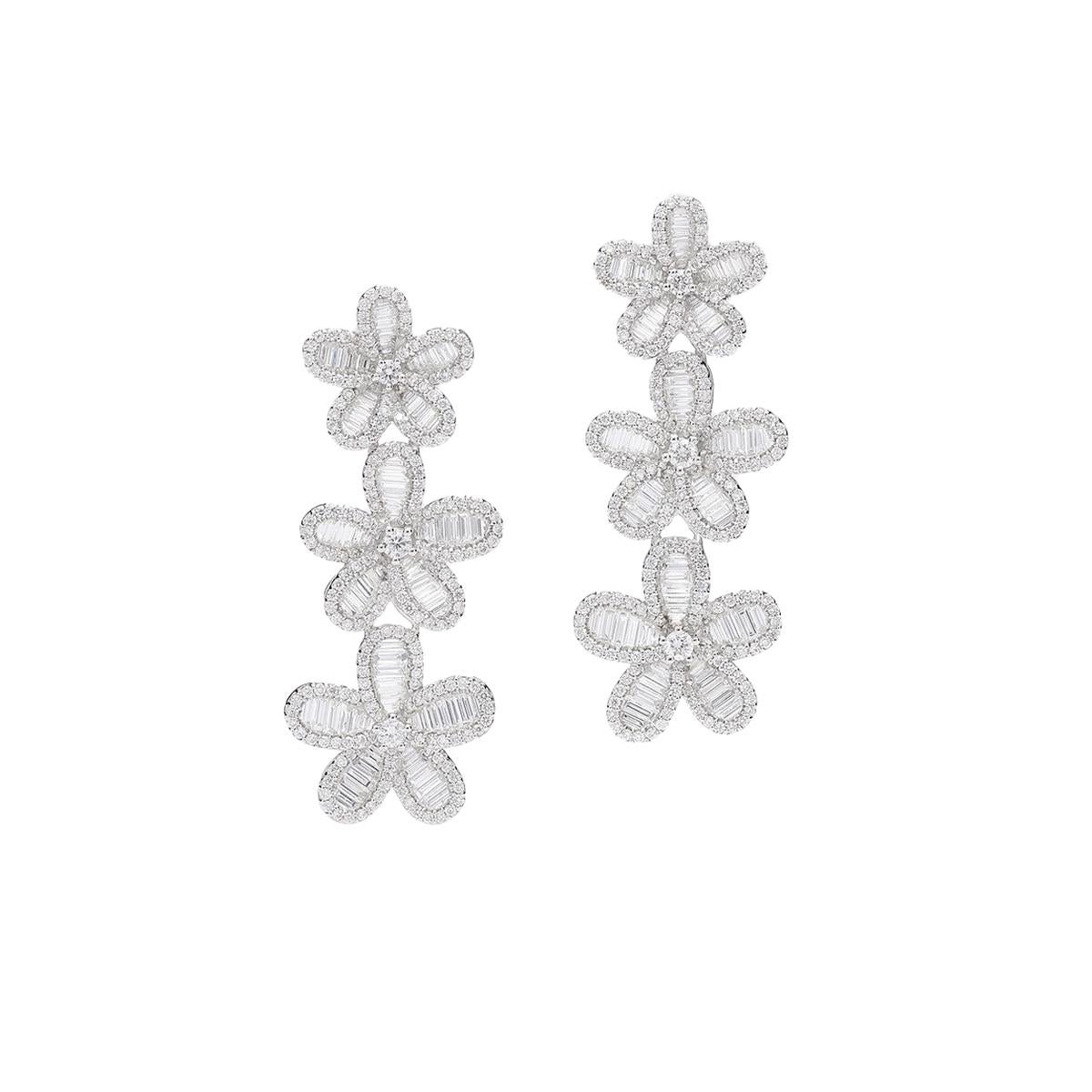 Baguette Cut Flowers Diamonds Pendant Earrings For Sale