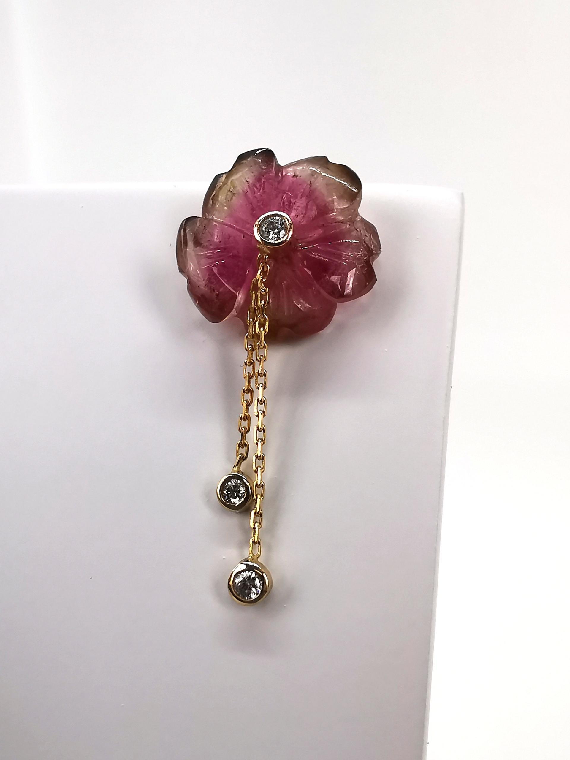 Flowers Earrings 18 Karat Yellow Gold, Engraved Tourmalines and Diamonds 1