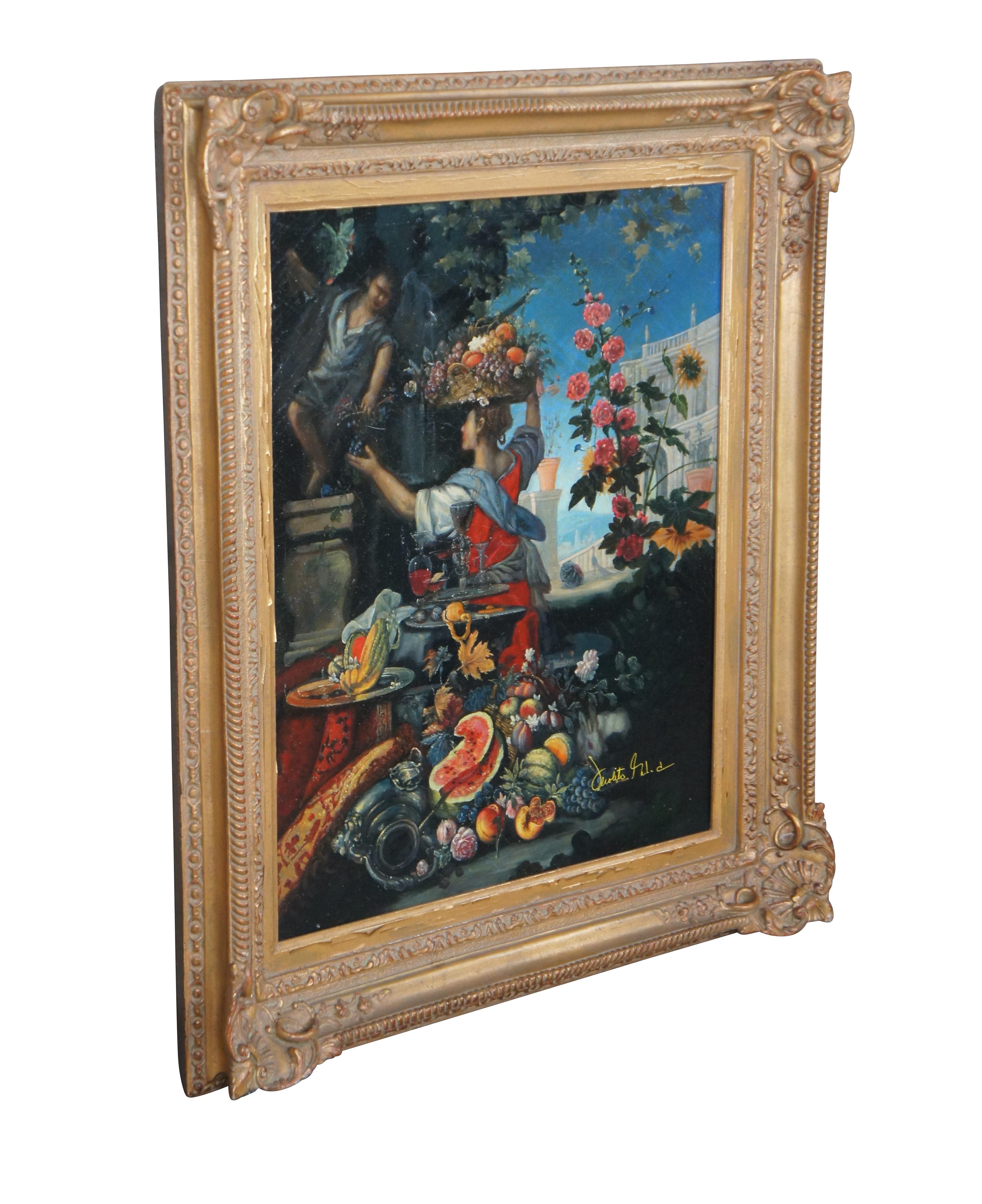 Flowers, Fruit with a Woman Picking Grapes, After Christian Berentz.   The reproduction painting is on a naturally aged canvas and signed lower right.  Framed in baroque manner with scalloped corners 

Christian Berentz or Bernetz was a German