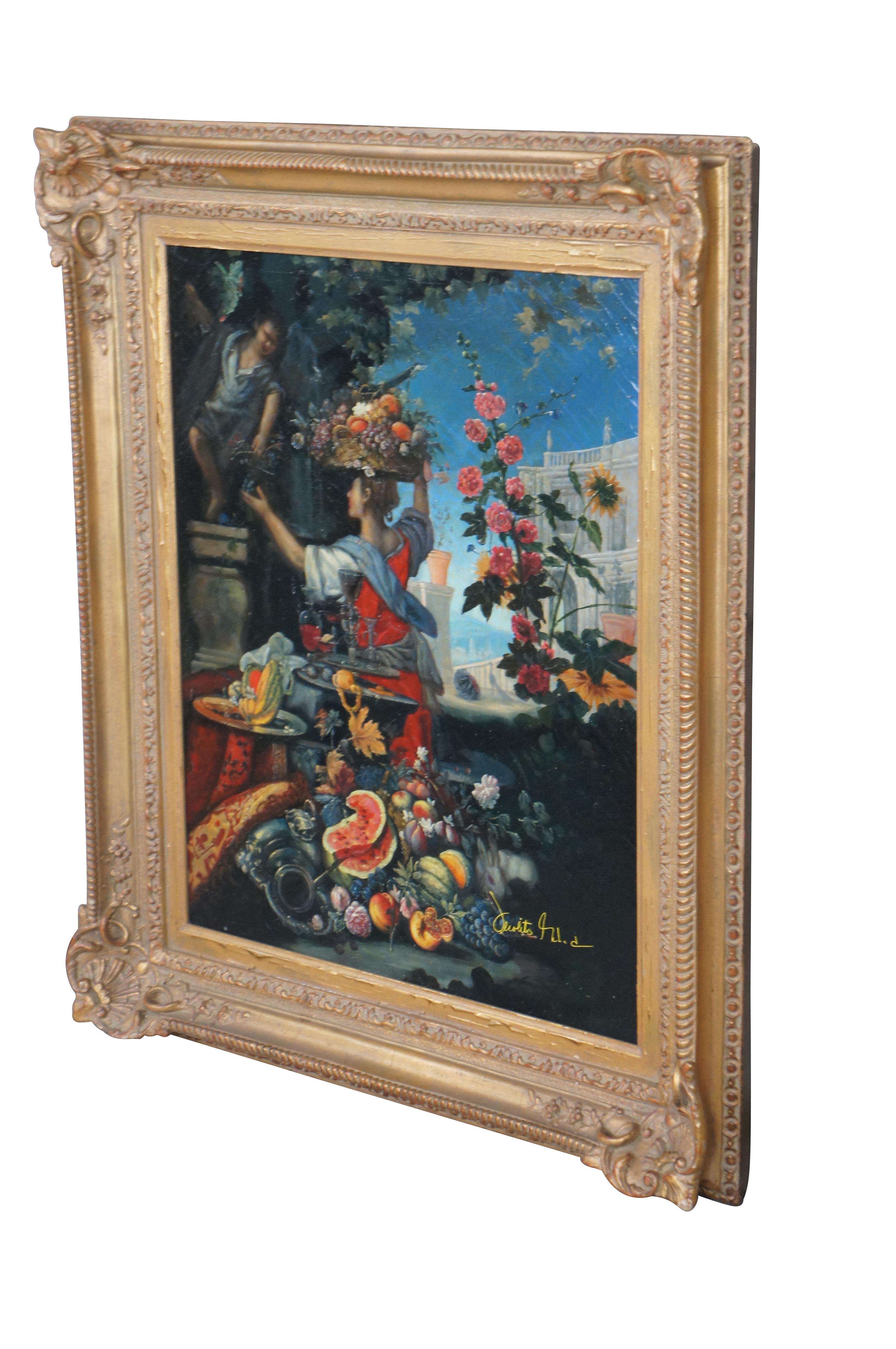 Renaissance Flowers Fruit Woman Picking Grapes After Christian Berentz Still Life Painting