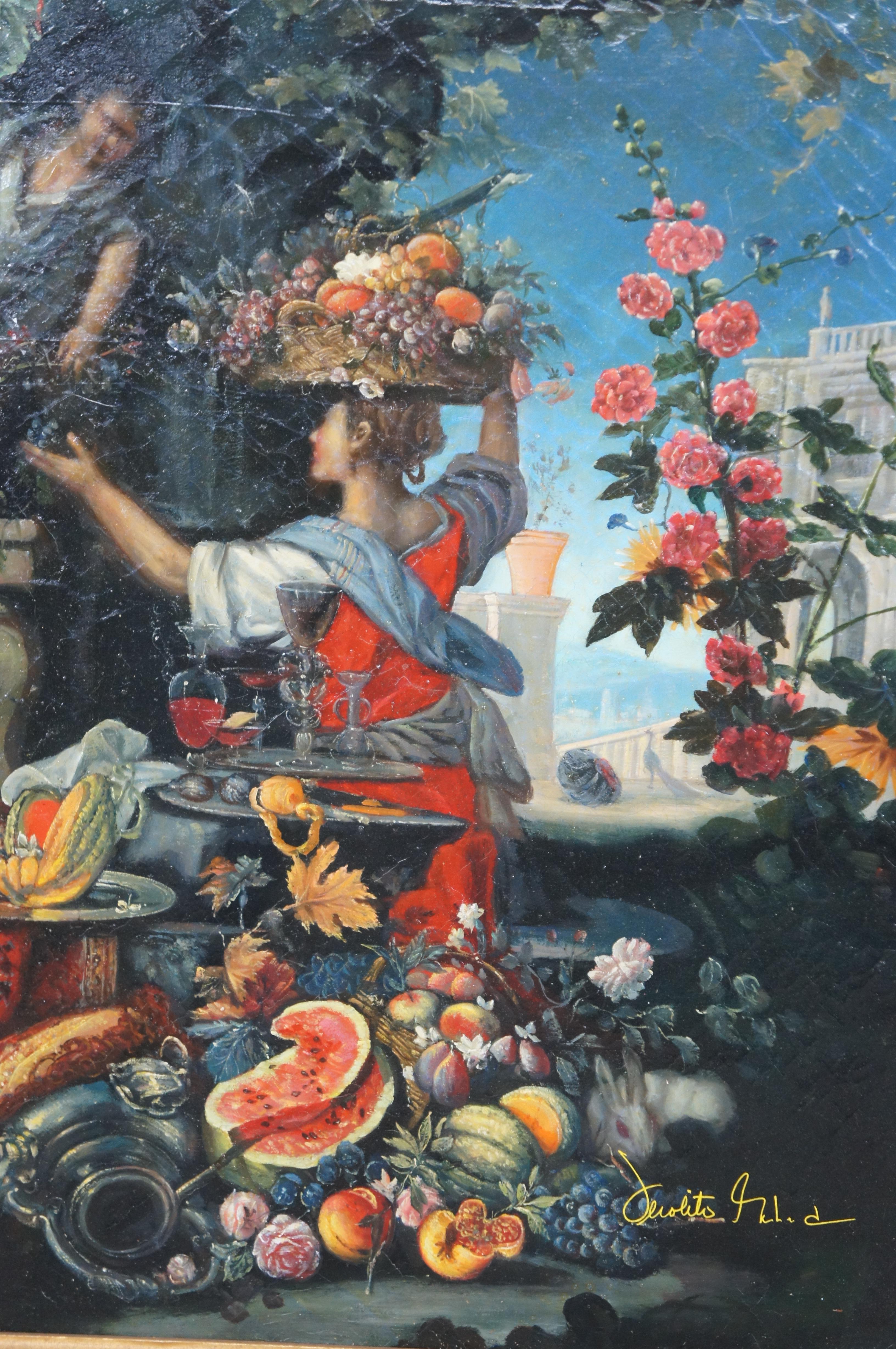 Flowers Fruit Woman Picking Grapes After Christian Berentz Still Life Painting In Good Condition In Dayton, OH