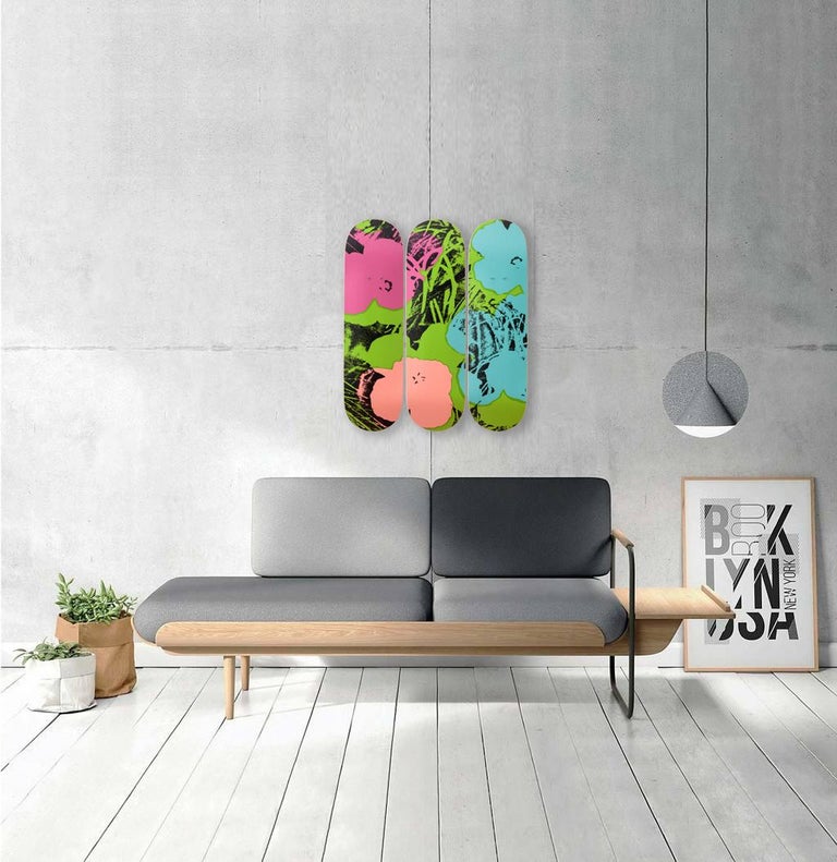 The Skateroom with the Andy Warhol Foundation
set of three skateboard decks
7-ply Canadian Maplewood with screenprint
each: 31 H x 8 inches
approximate 31 H x 24 inches when installed
mounting hardware included
edition of 500 (screen-printed