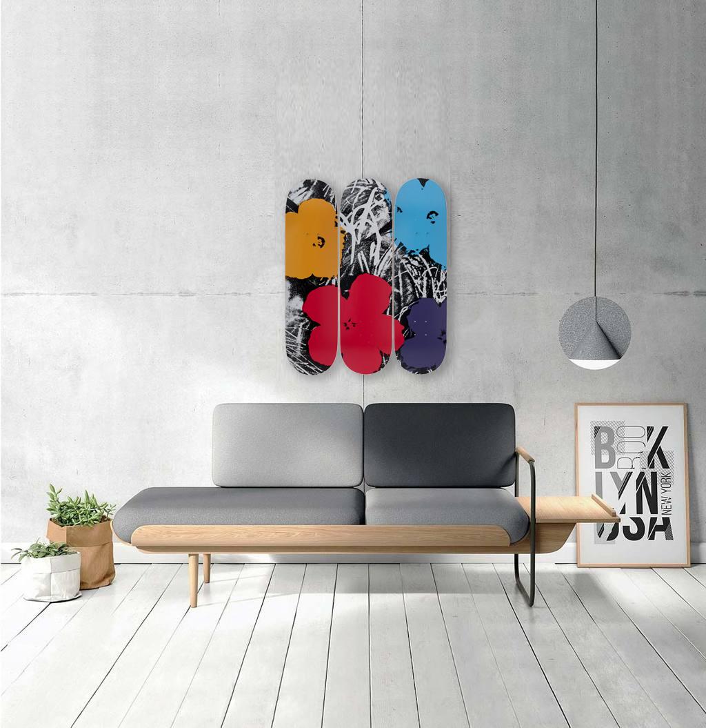 The Skateroom with the Andy Warhol Foundation
set of three skateboard decks
7-ply Canadian Maplewood with screenprint
each: 31 H x 8 inches
approximate 31 H x 24 inches when installed
mounting hardware included
edition of 500 (screen-printed