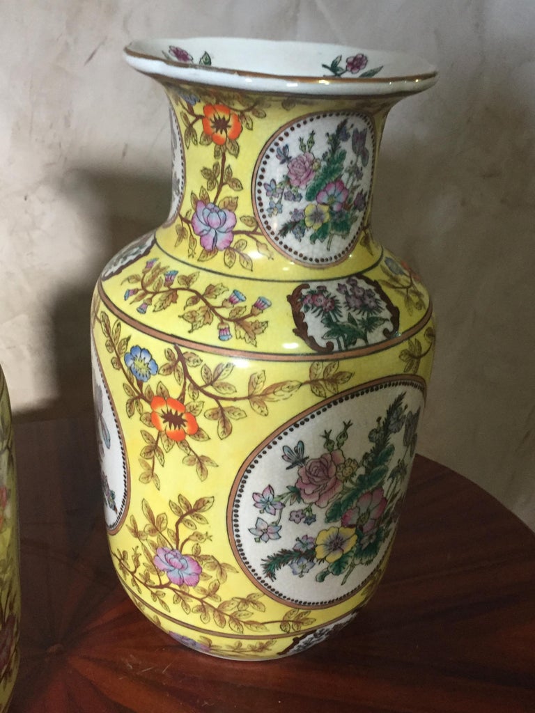 Flowers HandPainted Pair of Chinese Porcelain Vase at 1stDibs