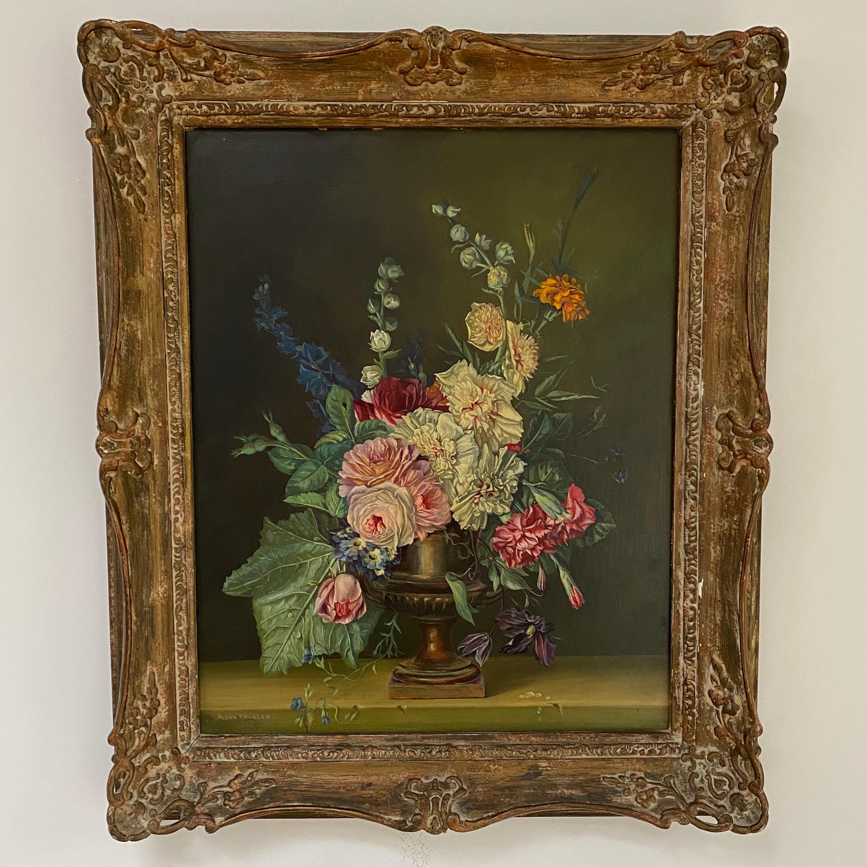 Flowers in a vase still life oil on board by Peter L Fuller. Signed and dated 1953. A lovely and finely detailed painting. The flowers and vase are nicely executed. A decorative piece nicely framed. Would suit a modern or period interior.