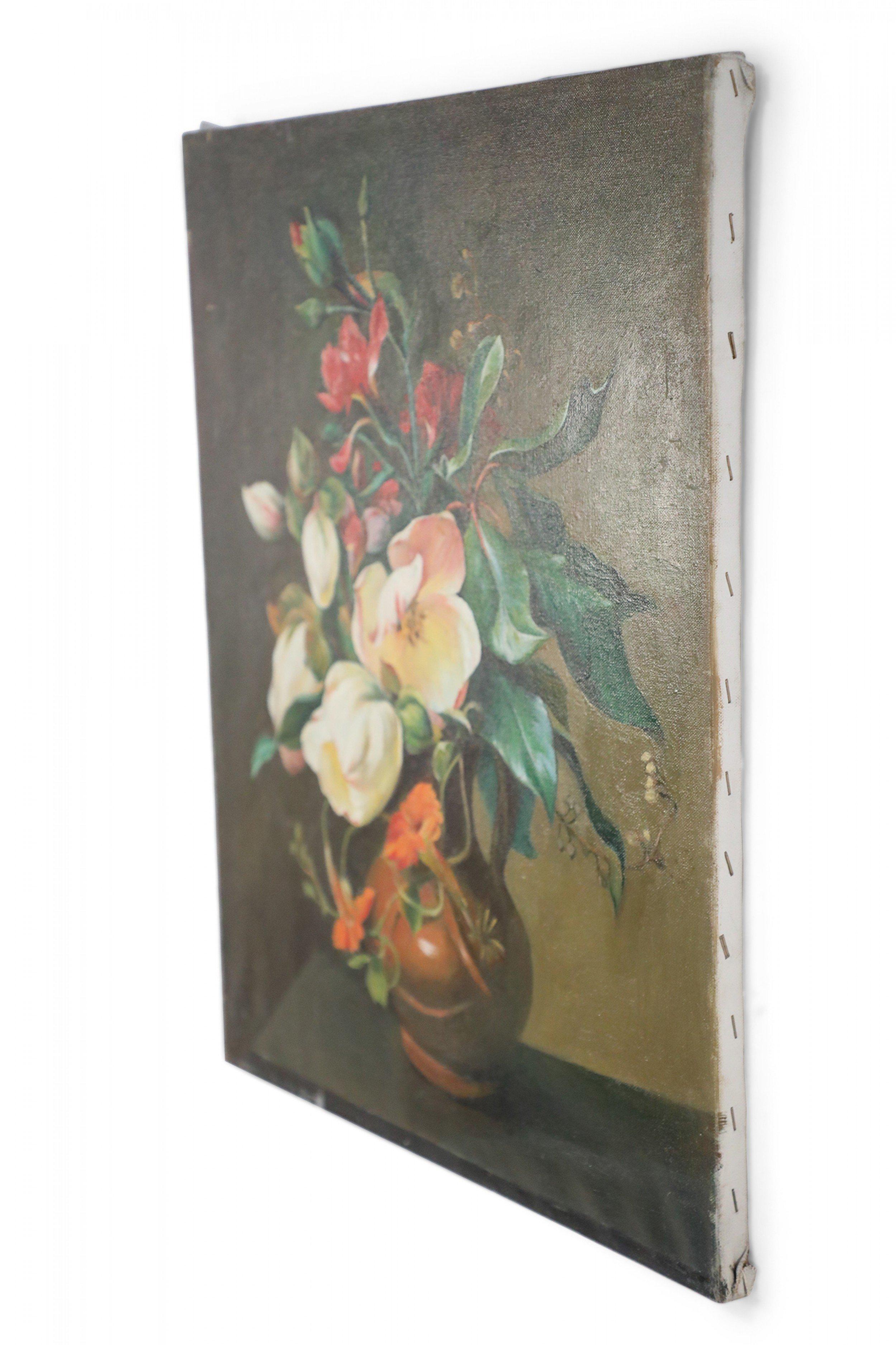 Vintage (20th Century) still life oil painting of white and pink flowers with greenery arranged in a ceramic jug, on rectangular, unframed canvas.
  