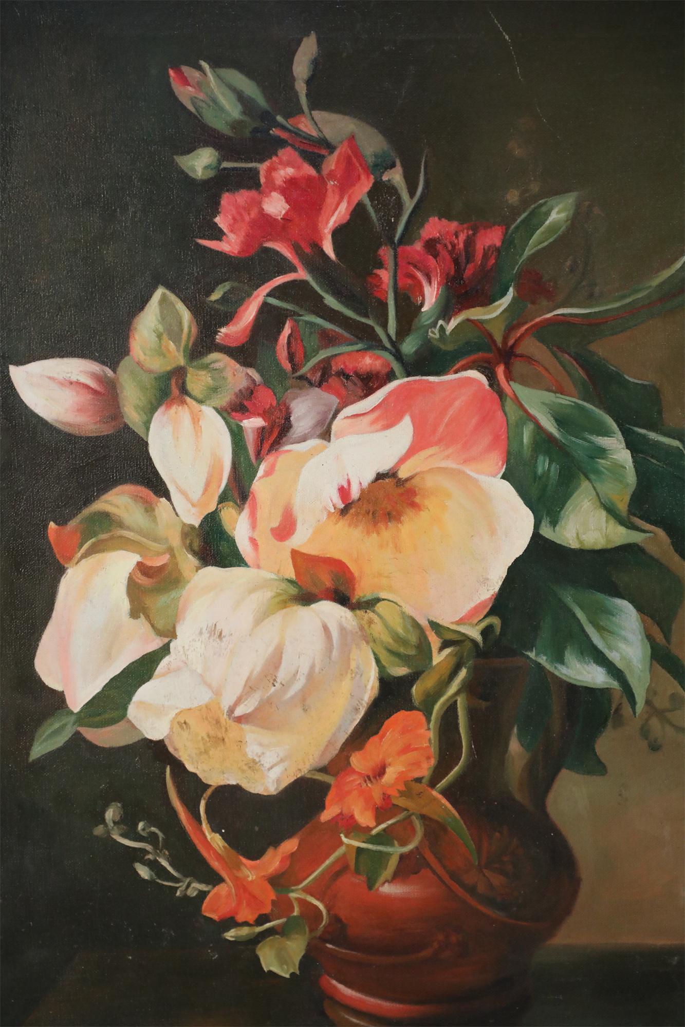 American Flowers in Jug Still Life Painting on Canvas For Sale