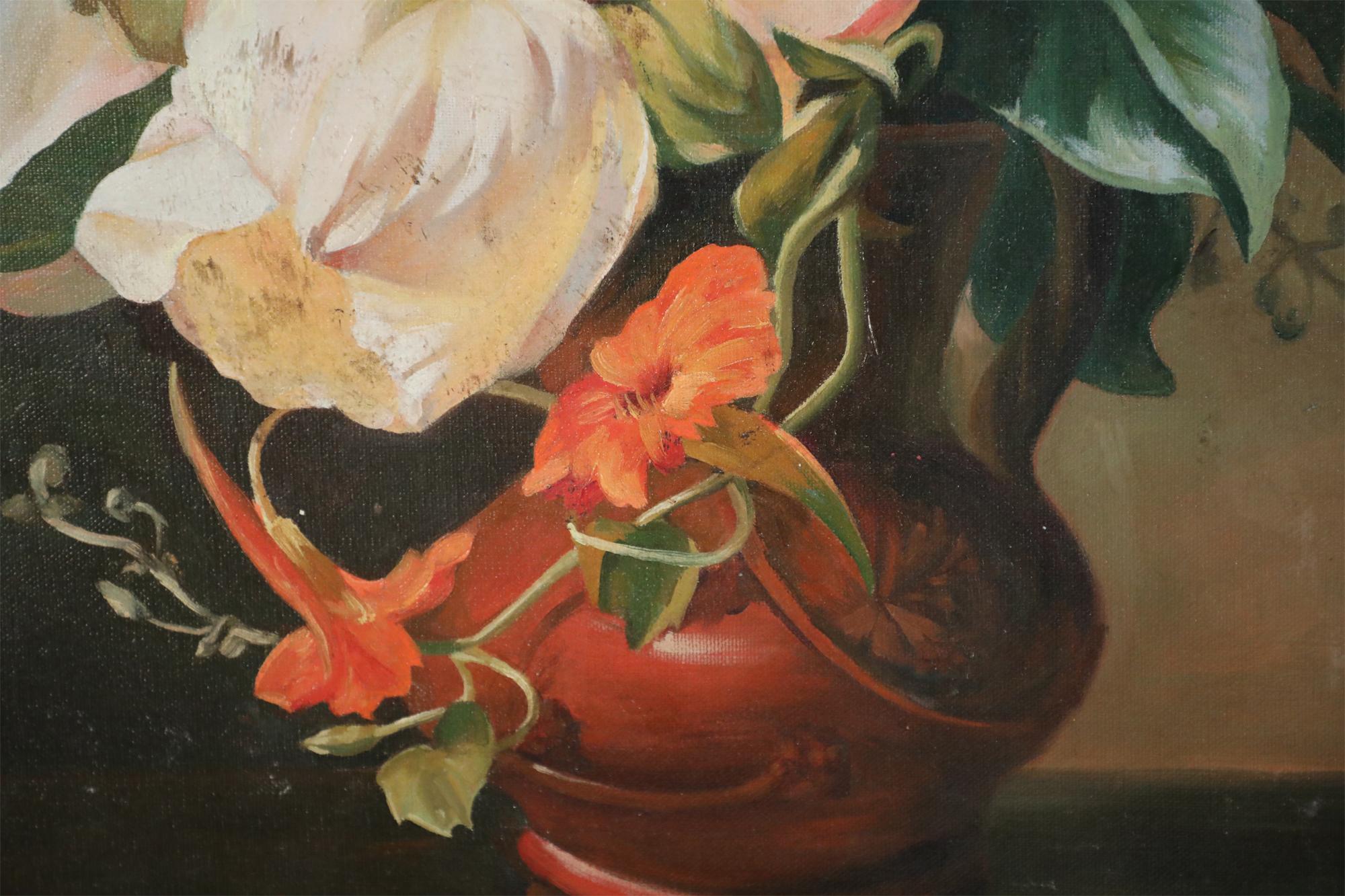 Oiled Flowers in Jug Still Life Painting on Canvas For Sale