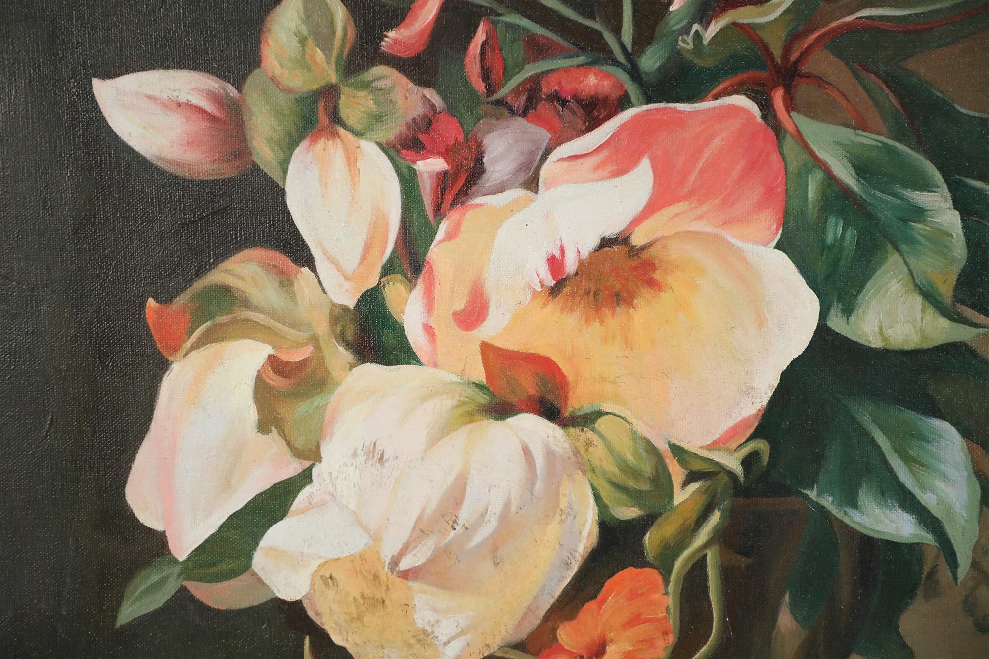 Flowers in Jug Still Life Painting on Canvas In Good Condition For Sale In New York, NY