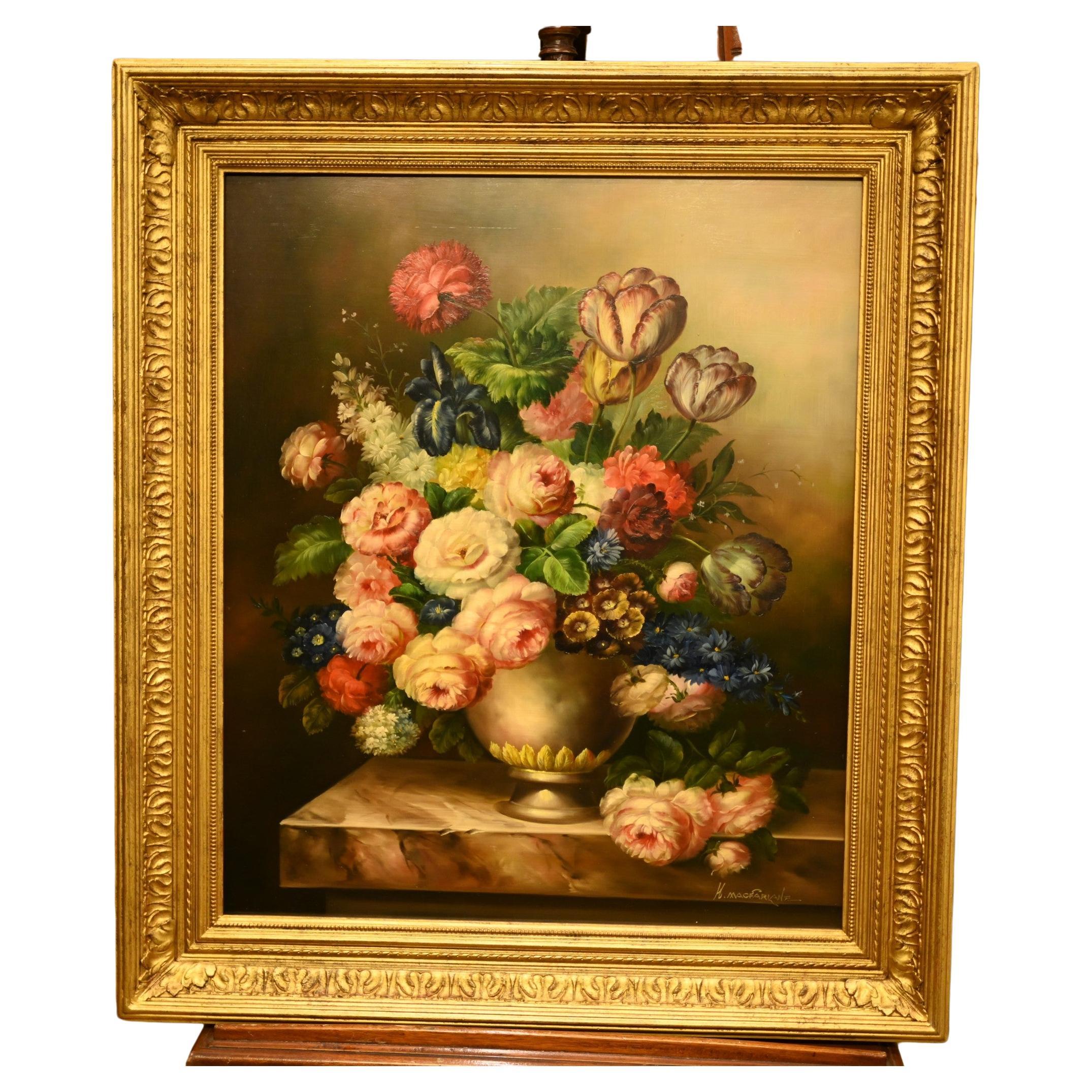 Flowers In Vase Floral Still Life Oil Painting Signed For Sale