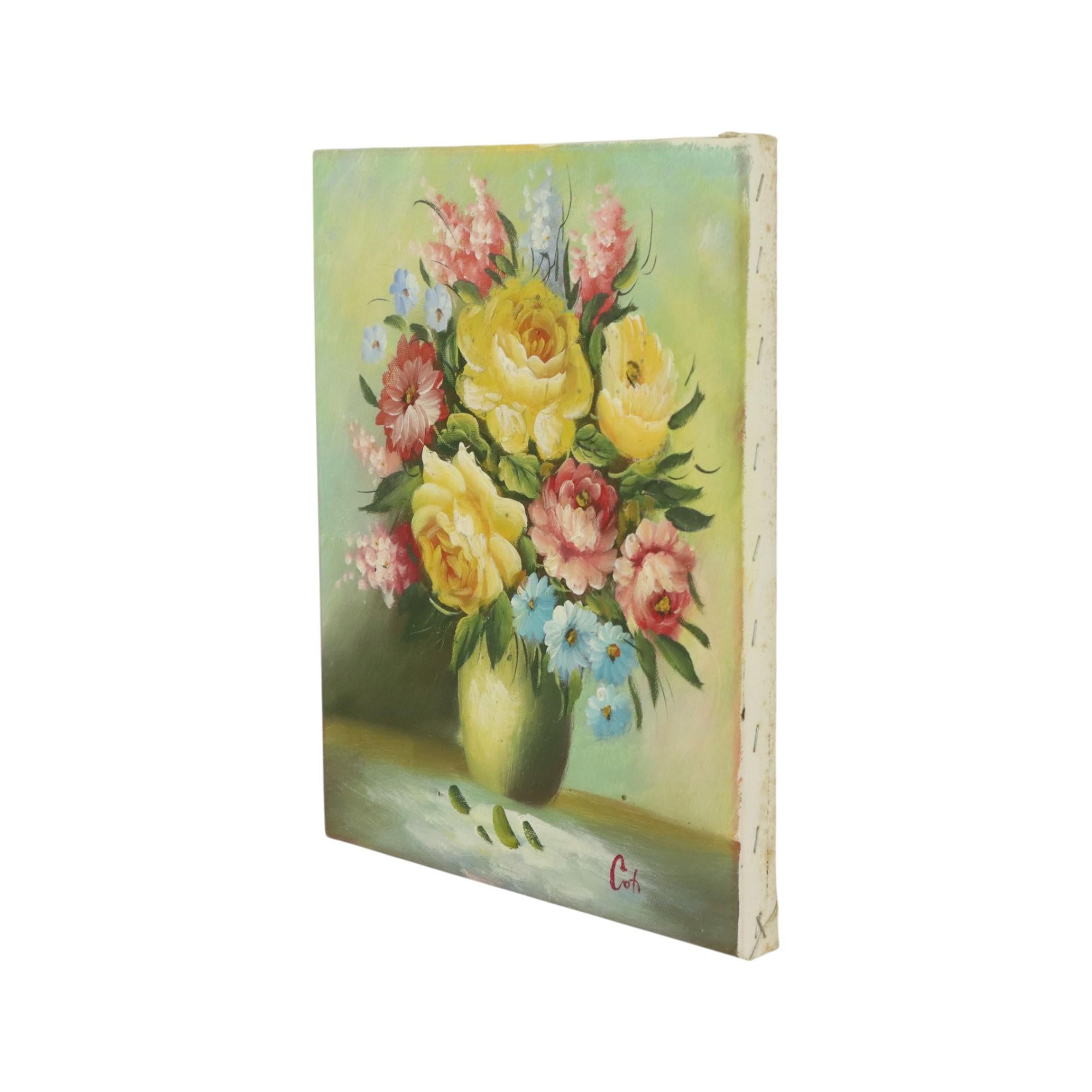 Flowers in Vase Still Life Painting Amateur Signed 27cm For Sale 2