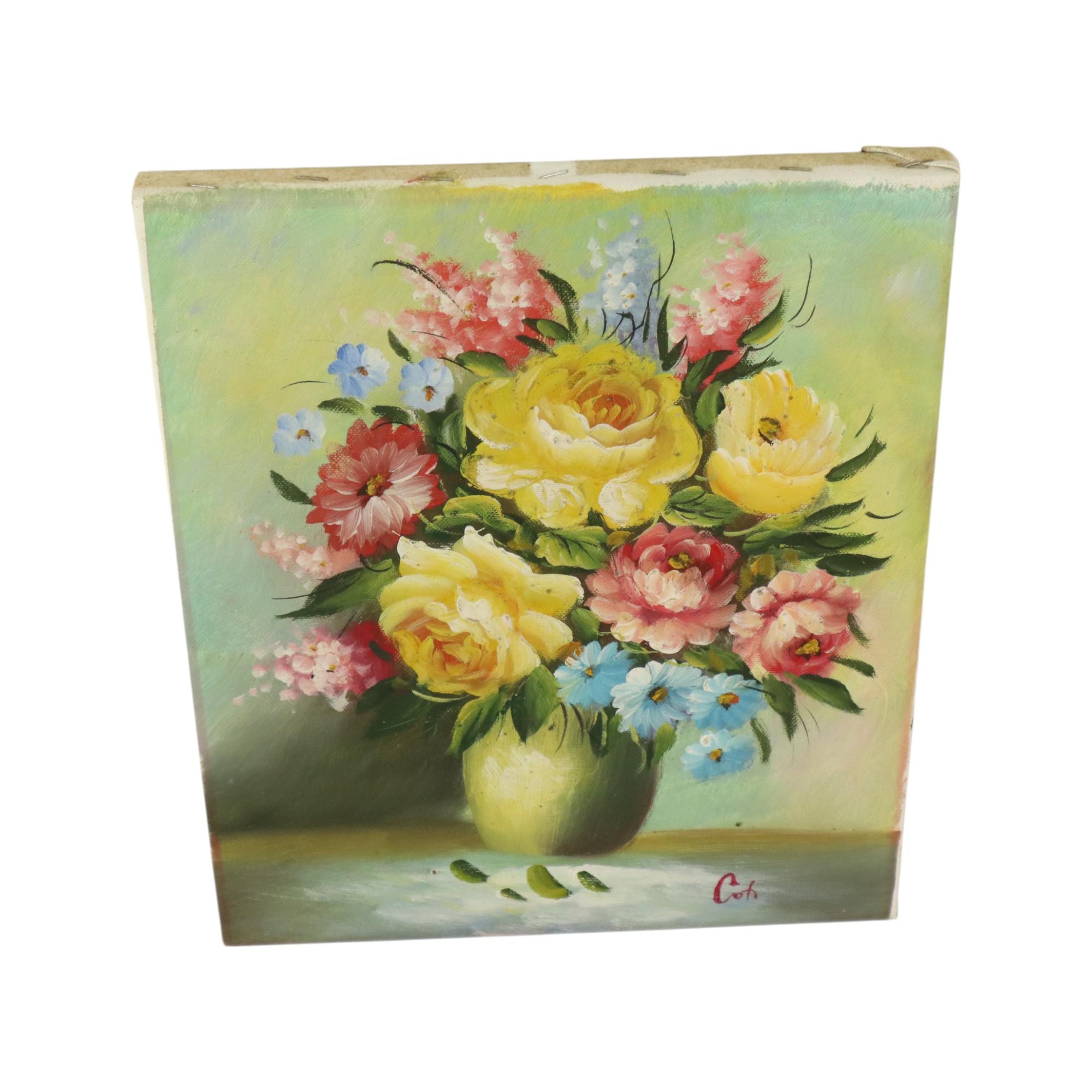 Flowers in Vase Still Life Painting Amateur Signed 27cm For Sale 3