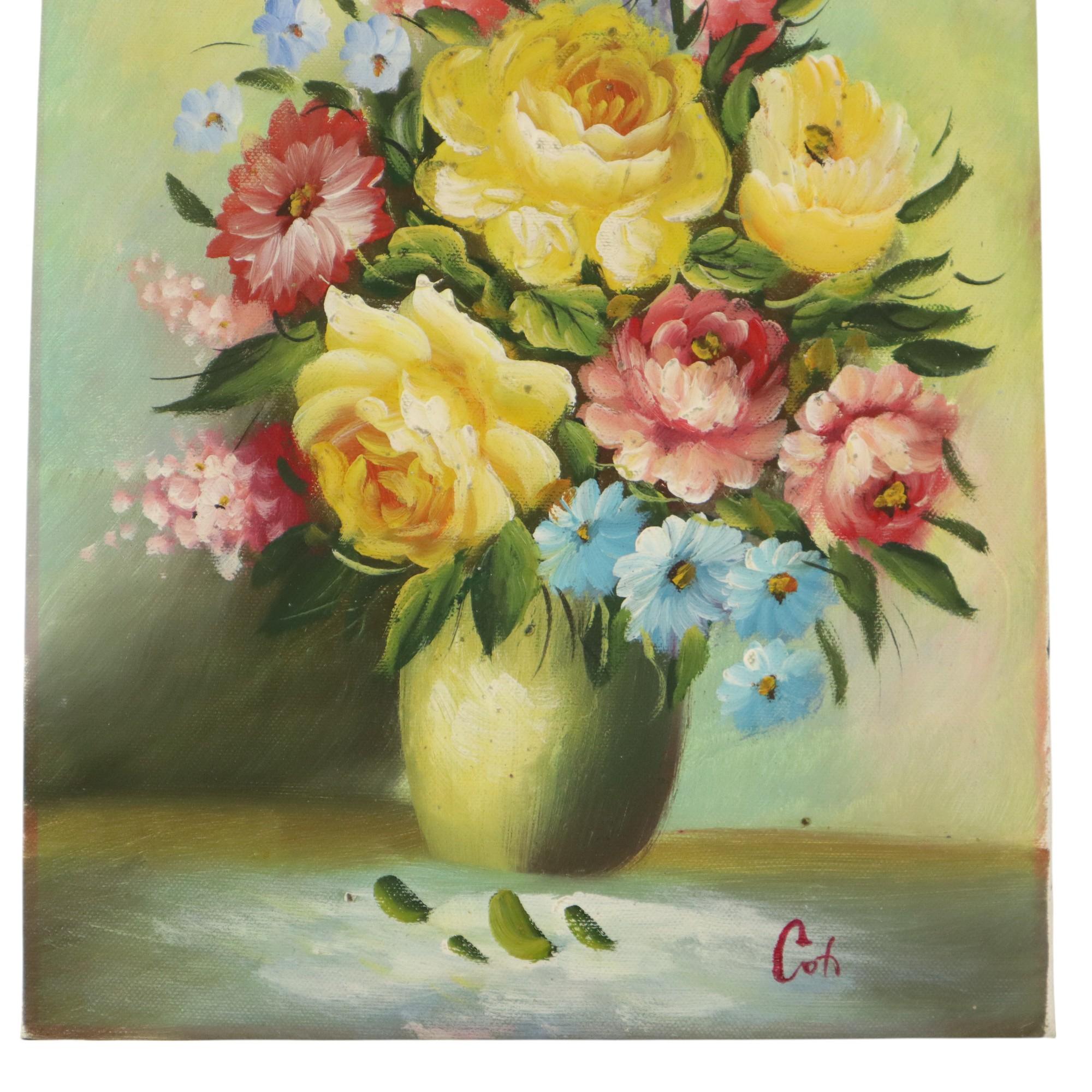 Art Nouveau Flowers in Vase Still Life Painting Amateur Signed 27cm For Sale