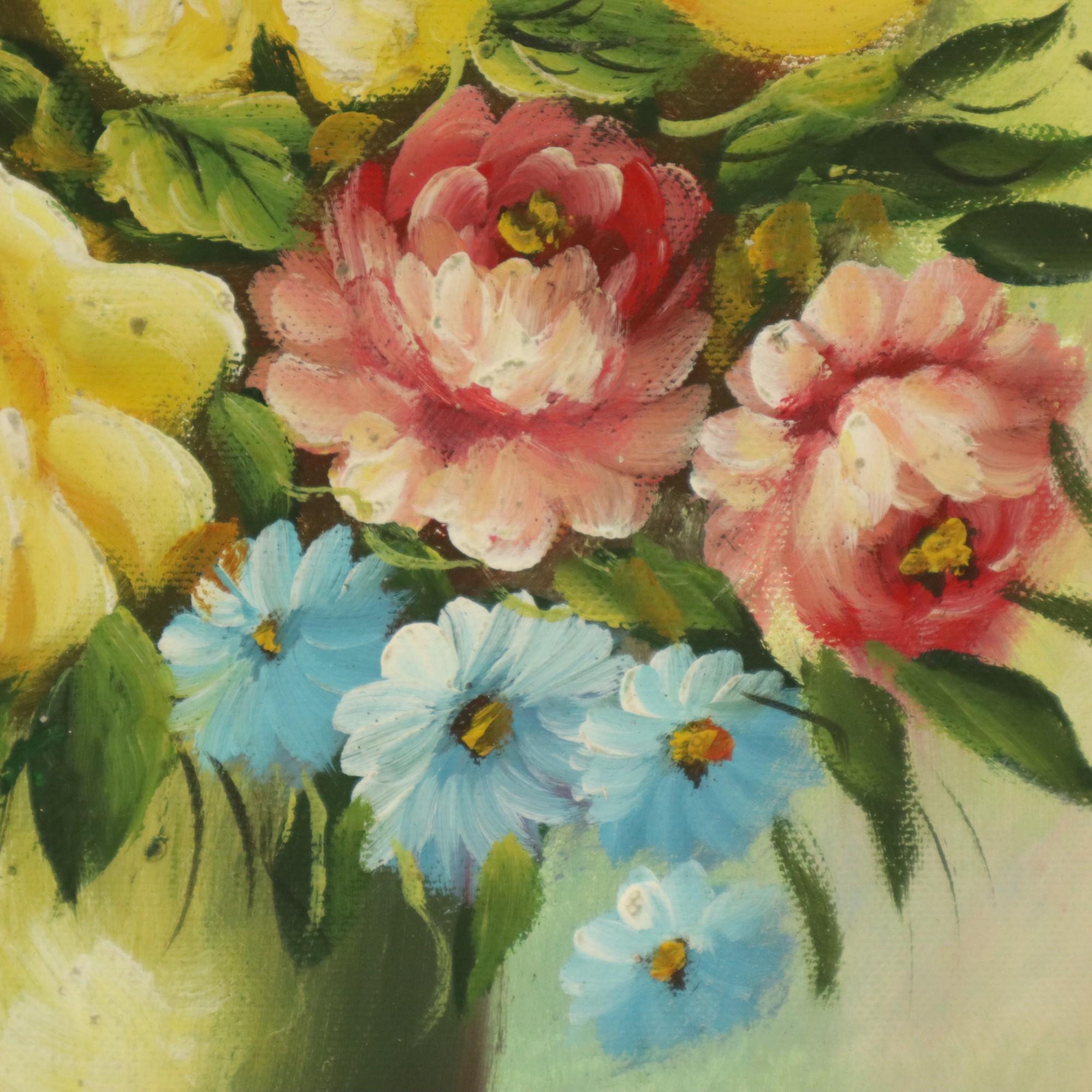 Hand-Painted Flowers in Vase Still Life Painting Amateur Signed 27cm For Sale