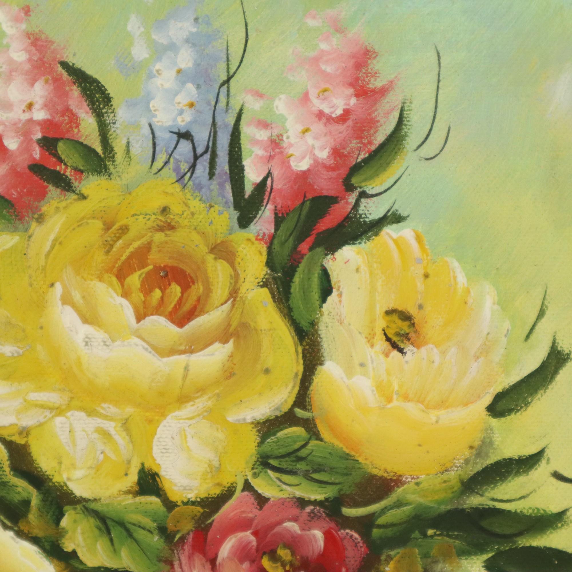 Flowers in Vase Still Life Painting Amateur Signed 27cm In Good Condition For Sale In Poperinge, BE